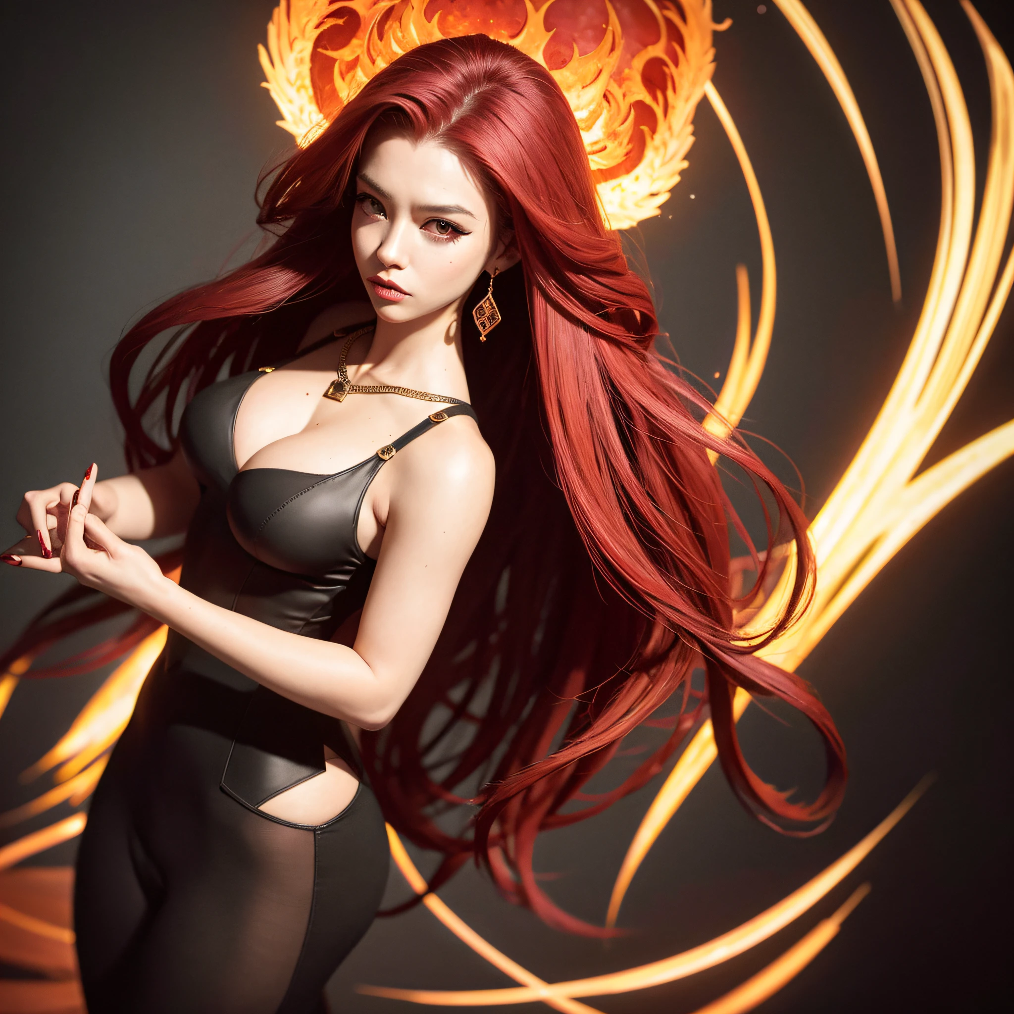 Dragon-Girl, deep red hair, big hair, portrait, serious face, Queen of Dragons, Dynasty of fire