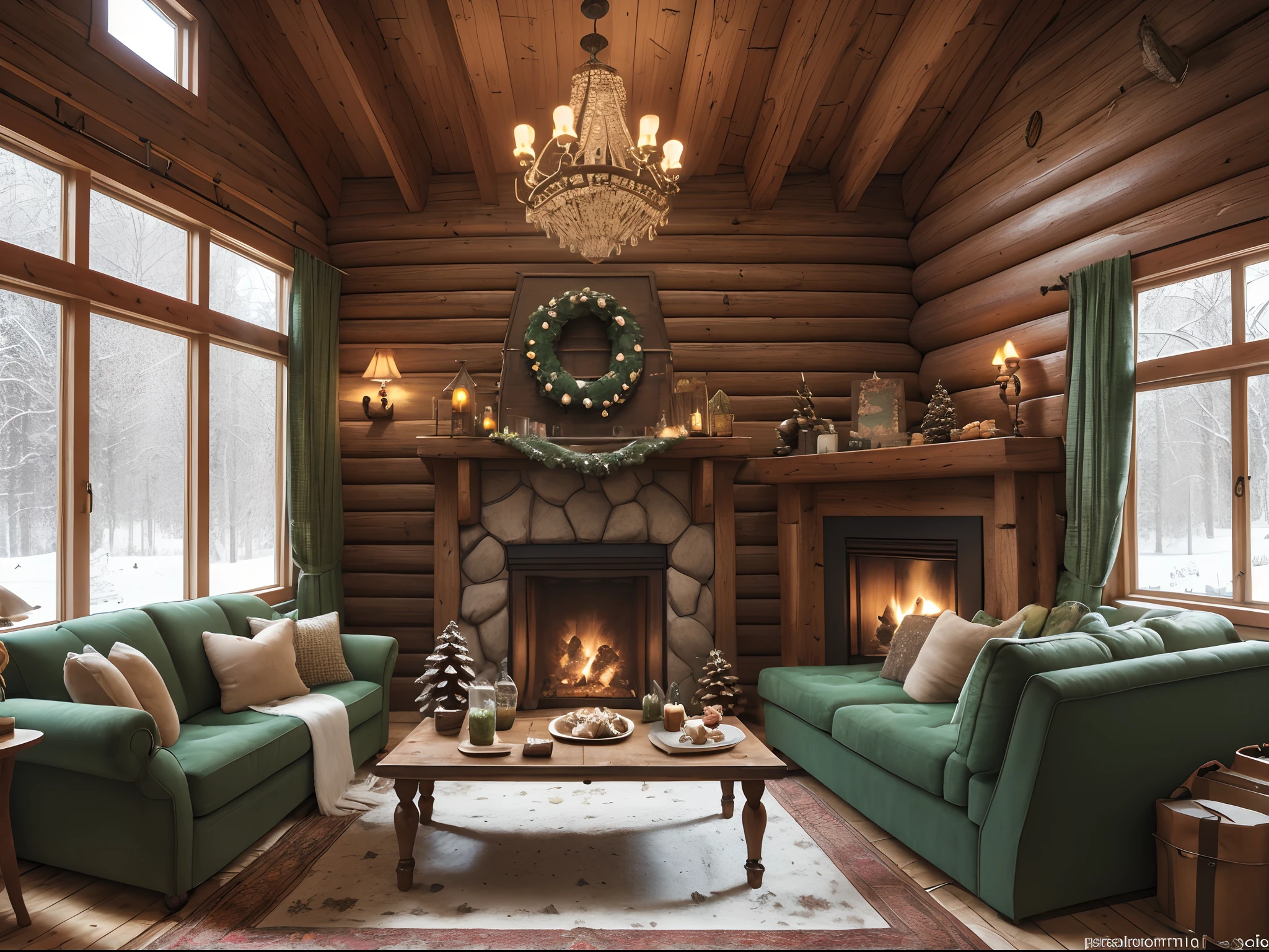 2K,Wallpapers,wooden cabin,Falling snow windows,A fireplace,twinkle,liveroom,Vintage style,Green sofa,There is bread on the table,Cupcakes,pinecone,Parasitism