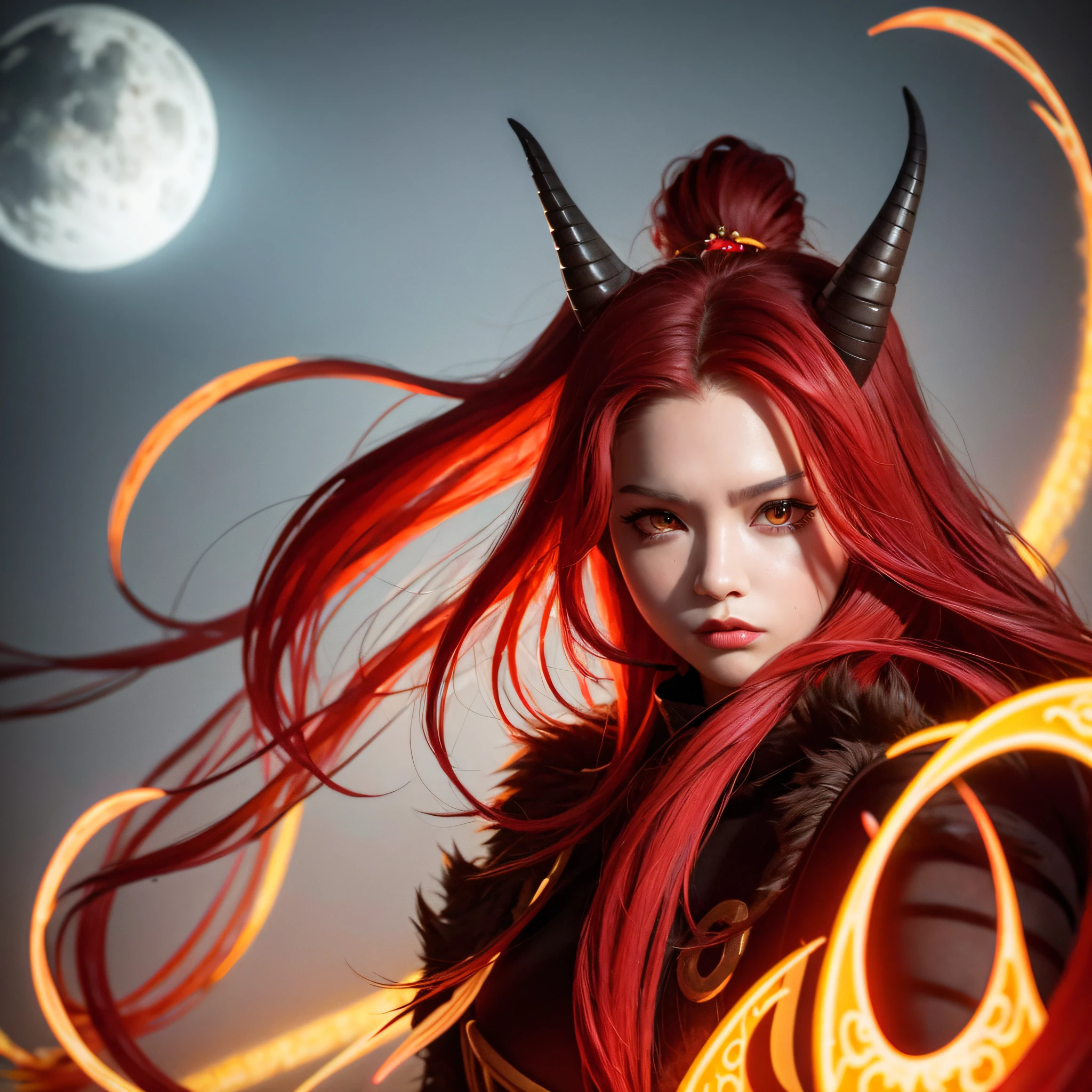 Dragon-Girl, deep red hair, big hair, portrait, serious face, Queen of Dragons, Dynasty of fire