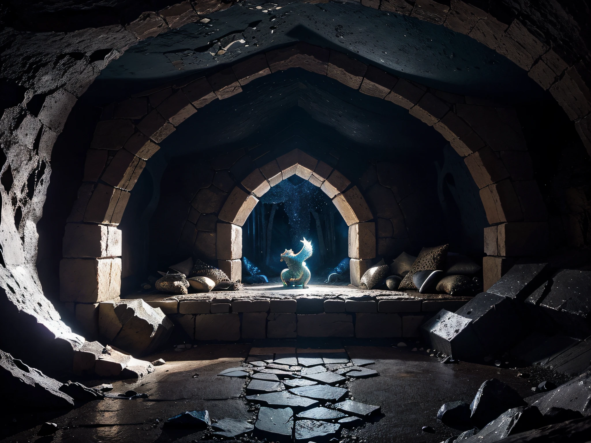 Dragon's Lair: A cavern adorned with shimmering crystals, housing a majestic dragon.