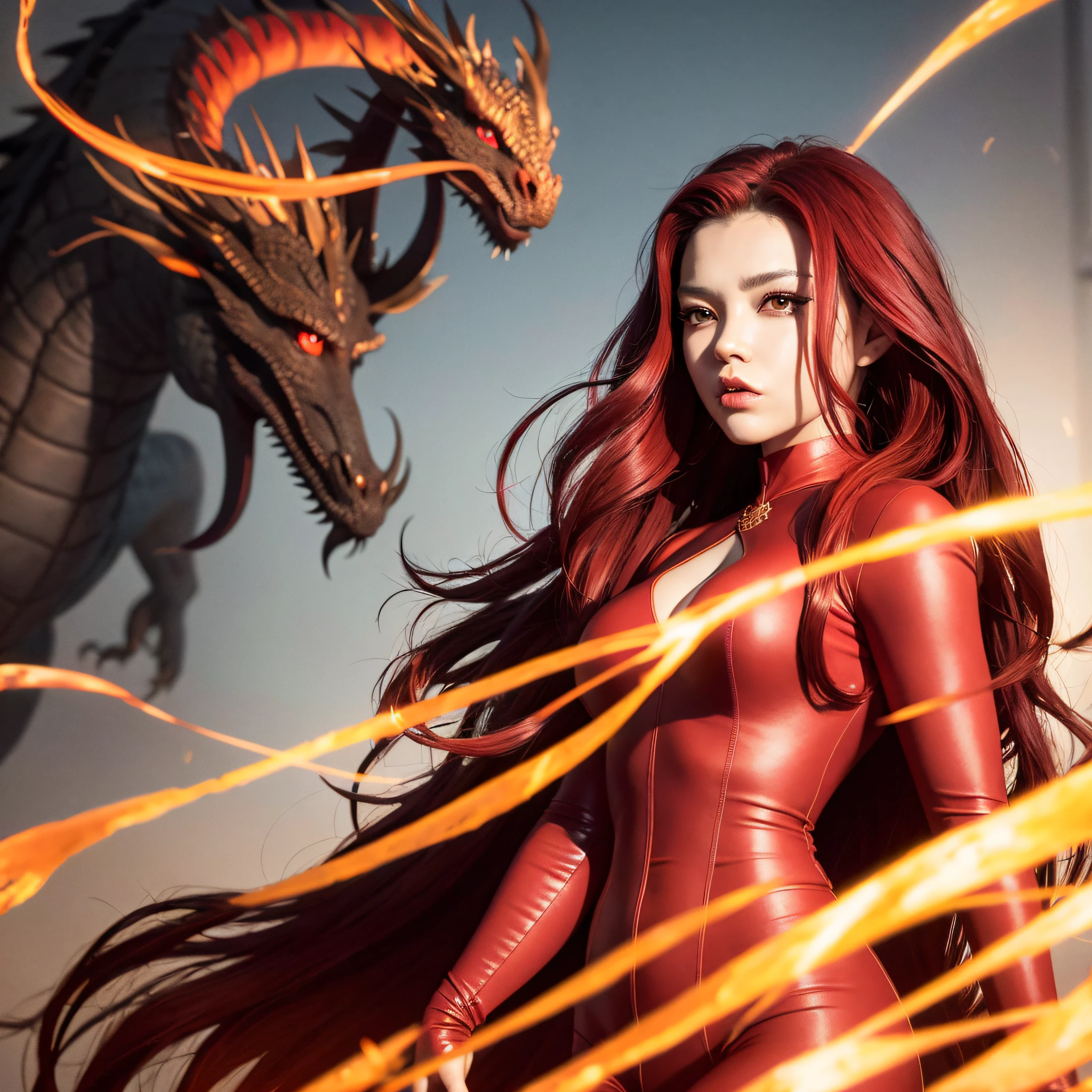 Dragon-Girl, deep red hair, big hair, portrait, serious face, Queen of Dragons, Dynasty of fire