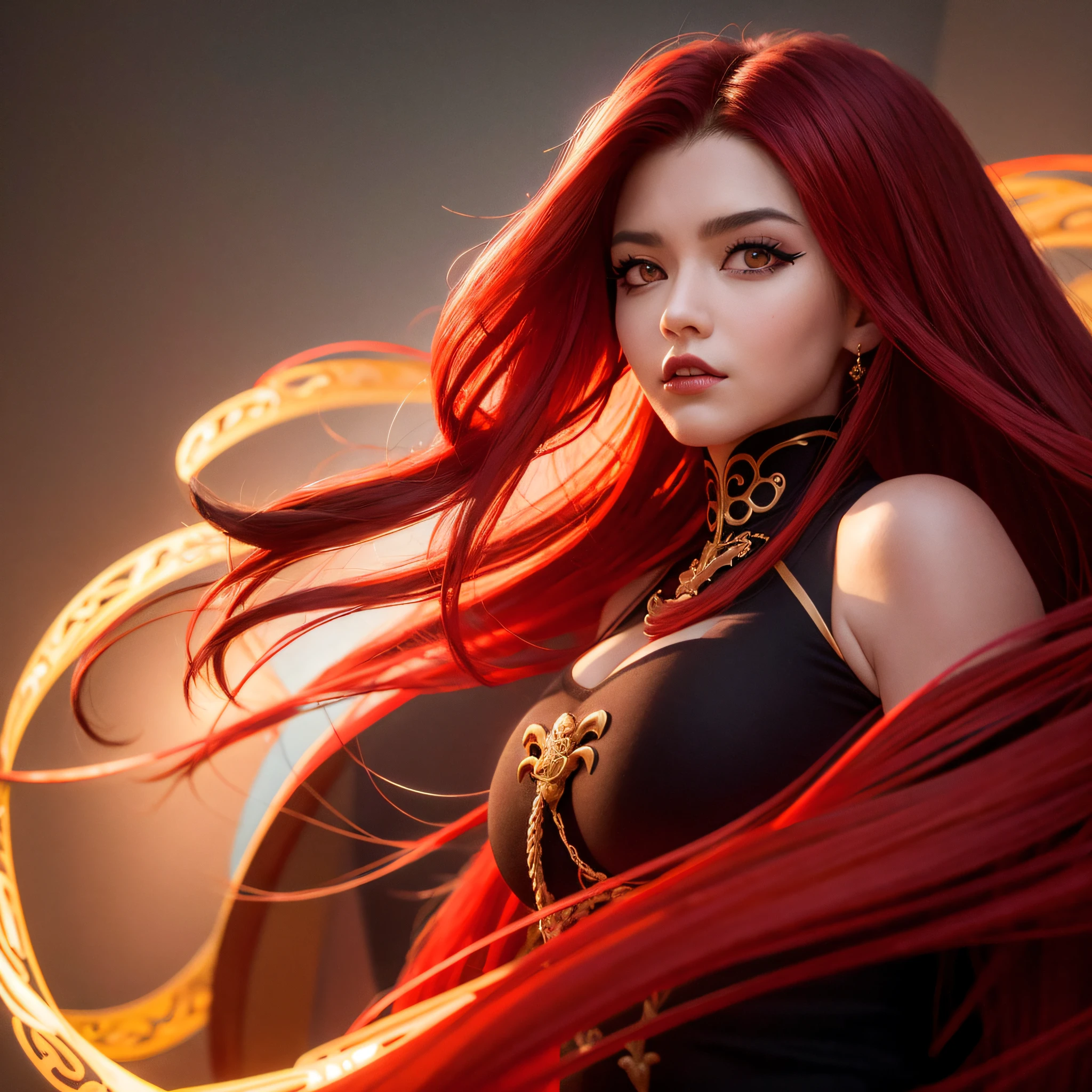 Dragon-Girl, deep red hair, big hair, portrait, serious face, Queen of Dragons, Dynasty of fire