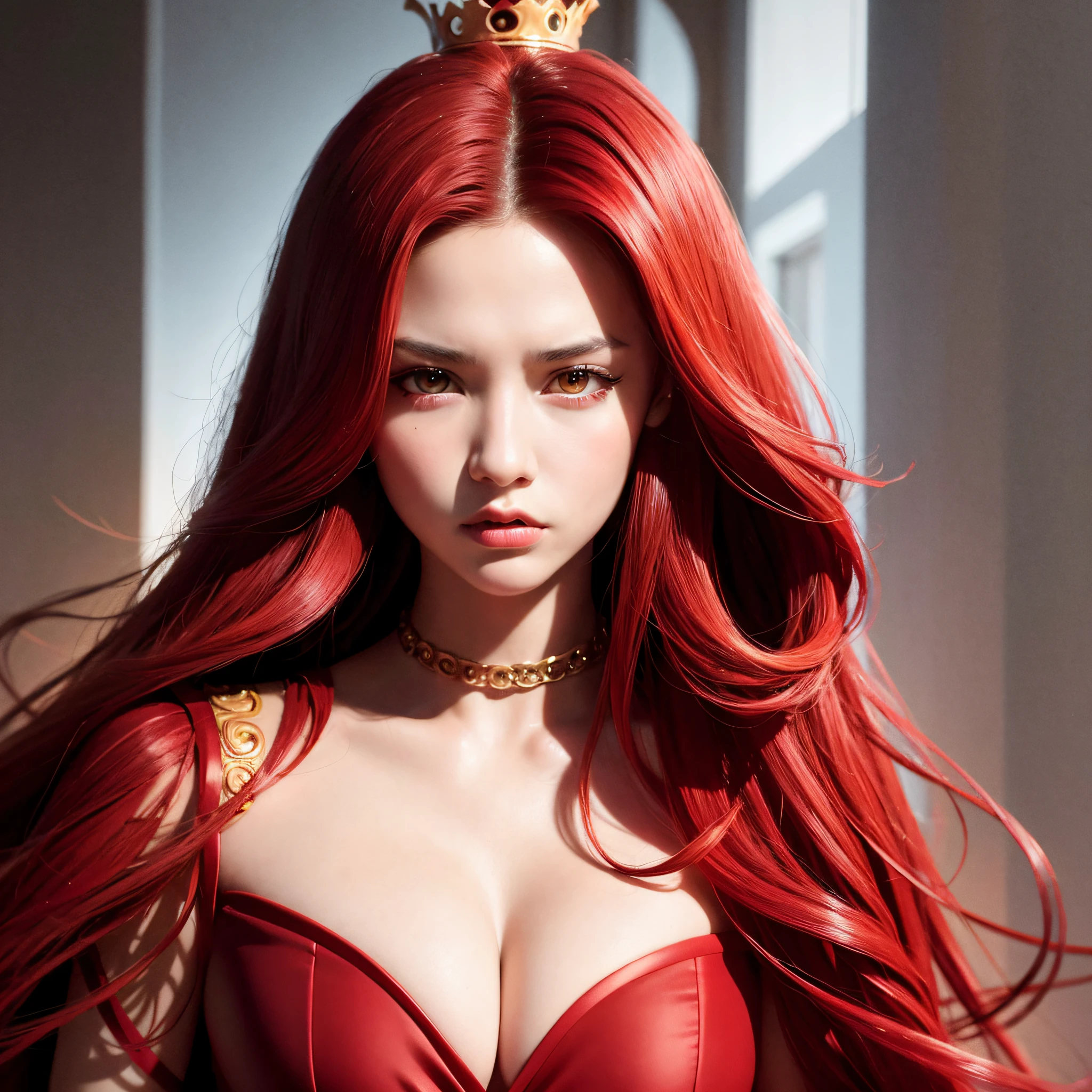 Dragon-Girl, deep red hair, big hair, portrait, serious face, Queen of Dragons, Dynasty of fire