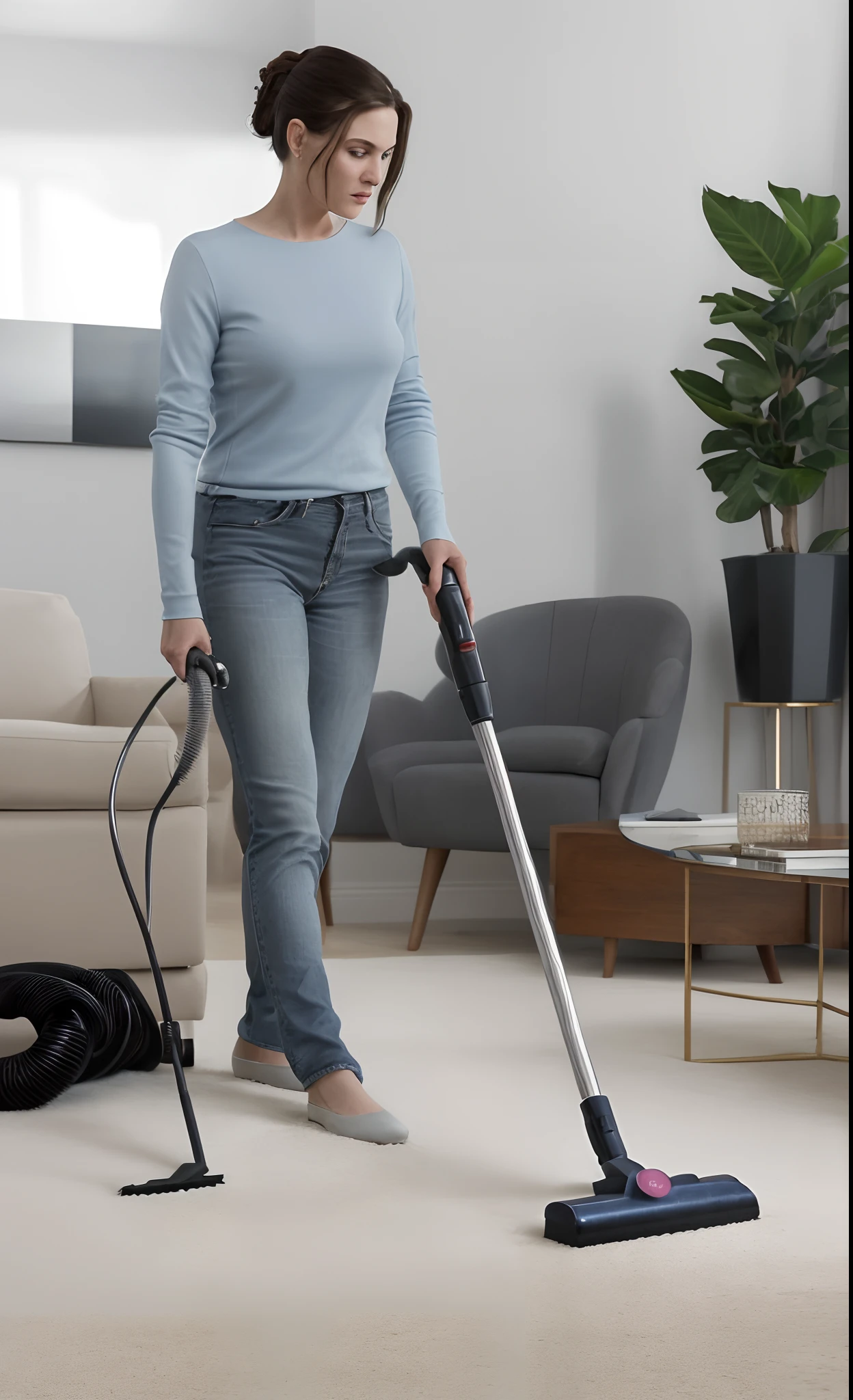 A woman vacuums a carpet, Inspired by the portrait of Bella Sicosi Cesia, smooth clean surfaces, extremely clean, stunning design, vivd details, detalhe poderoso, crisp smooth clean lines, Very, very clean, advertisement picture, brilliant detail, （Hyper-realistic:1.3）