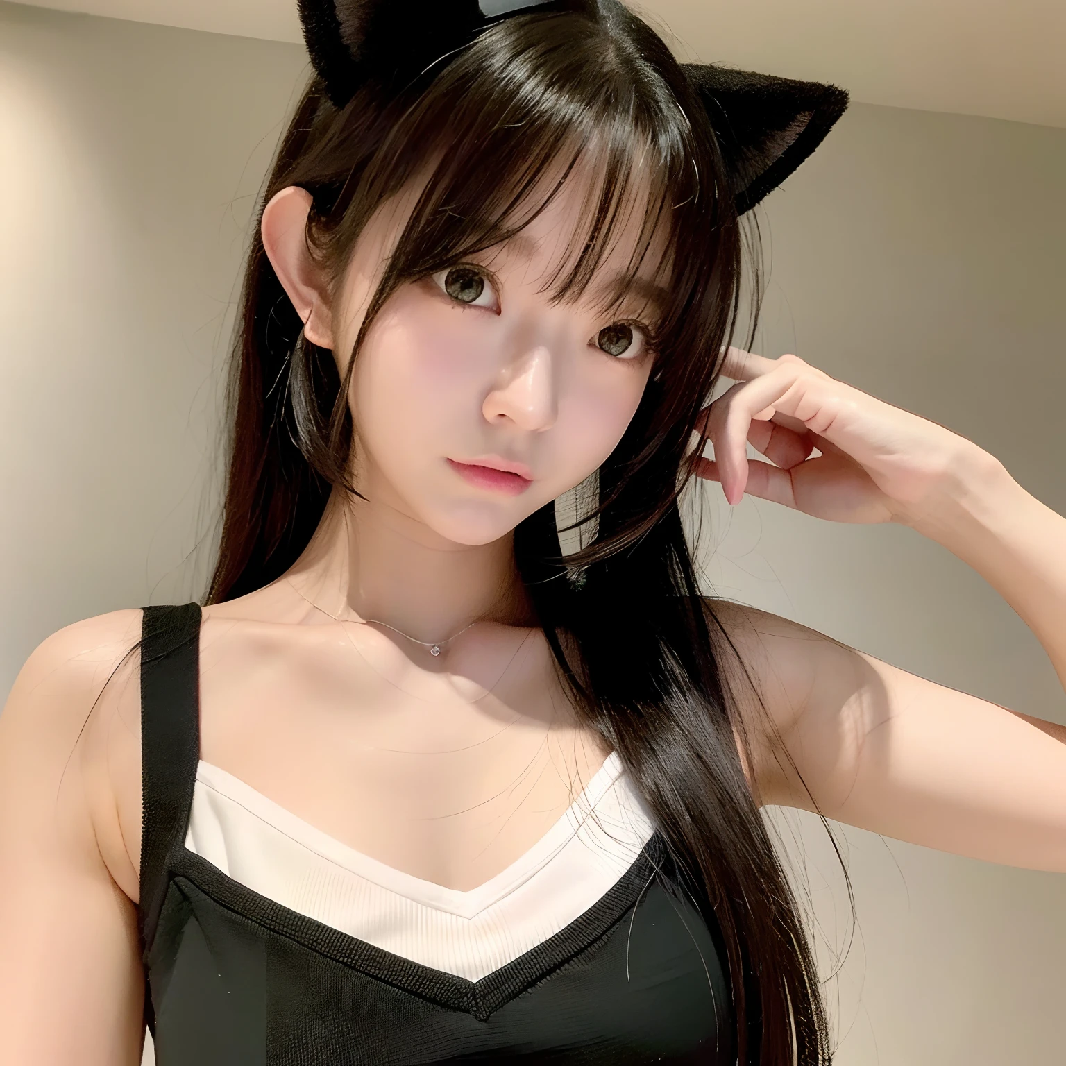 1girl, animal_ear_fluff, animal_ears, bangs, bare_shoulders, black_hair, blush, breasts, cat_ears, closed_mouth, eyebrows_visible_through_hair, green_eyes, grey_background, hair_between_eyes, karyl_(princess_connect!), long_hair, looking_at_viewer, medium_breasts, multicolored_hair, shirt, simple_background, sleeveless, sleeveless_shirt, solo, upper_body, white_background, white_shirt,