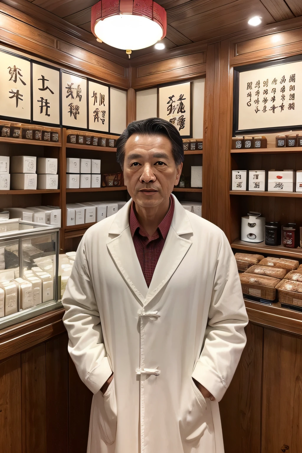 Chinese image,Real frontal photos,Authentic background,Inside a Chinese medicine store,Manteau blanc,Face full of wrinkles,TCM image,Wise eyes,male people