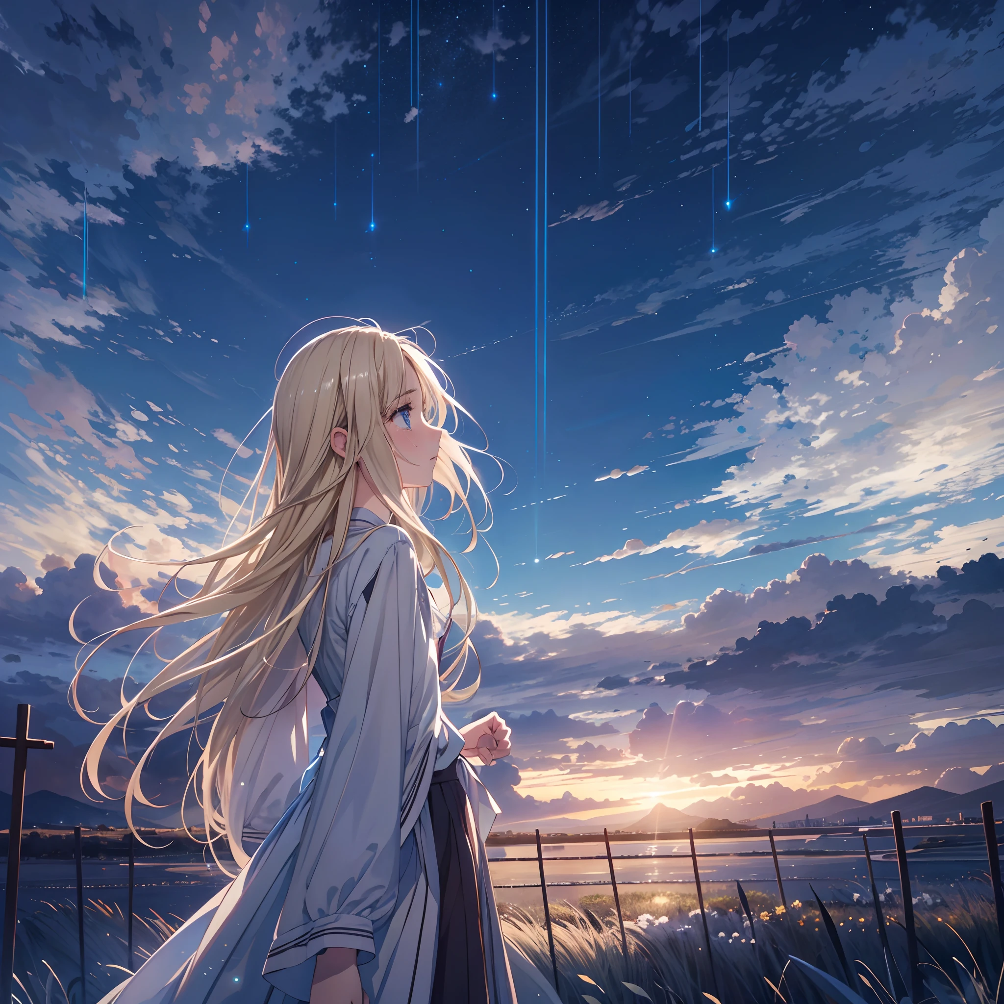 absurderes、hight resolution、(Official Art、Beautifully Aesthetic:1.2)shining sky, Vast world, Distant horizon, ​​clouds, High hills, natural beauty, nigh sky, Shining stars,Smooth straight blonde hair,(deep blue eyes:1.2),(looking up:1.1),(A wistful look),(shed tears:1.2)
