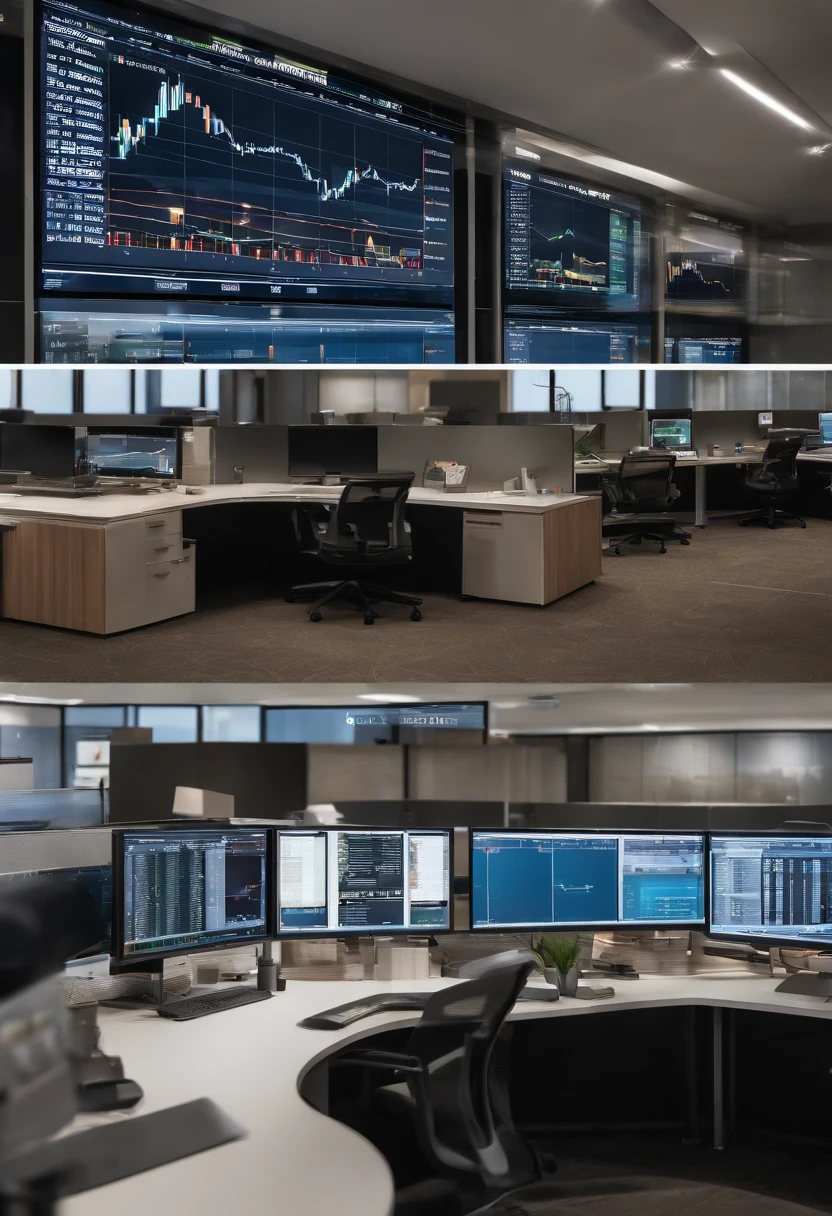 Generate a real image of a modern brokerage office. The office is well lit,Natural light streams in through the large windows. Employees sitting at desks, Look intently at their computer screen,Display detailed and clear Forex charts. The office layout is organized,professinal, Ergonomic furniture and stylish design. The on-screen Forex charts are vibrant and easy to read, Display real-time market data. The overall atmosphere is concentrated and dynamic, Capture trading intensity. The scene should be detailed and clear, Avoid any distortion or blurry elements. The people in the image should be realistic and well-defined, There are no deformities or contours. The technology and equipment of the office should be accurately represented, With realism and attention to detail.