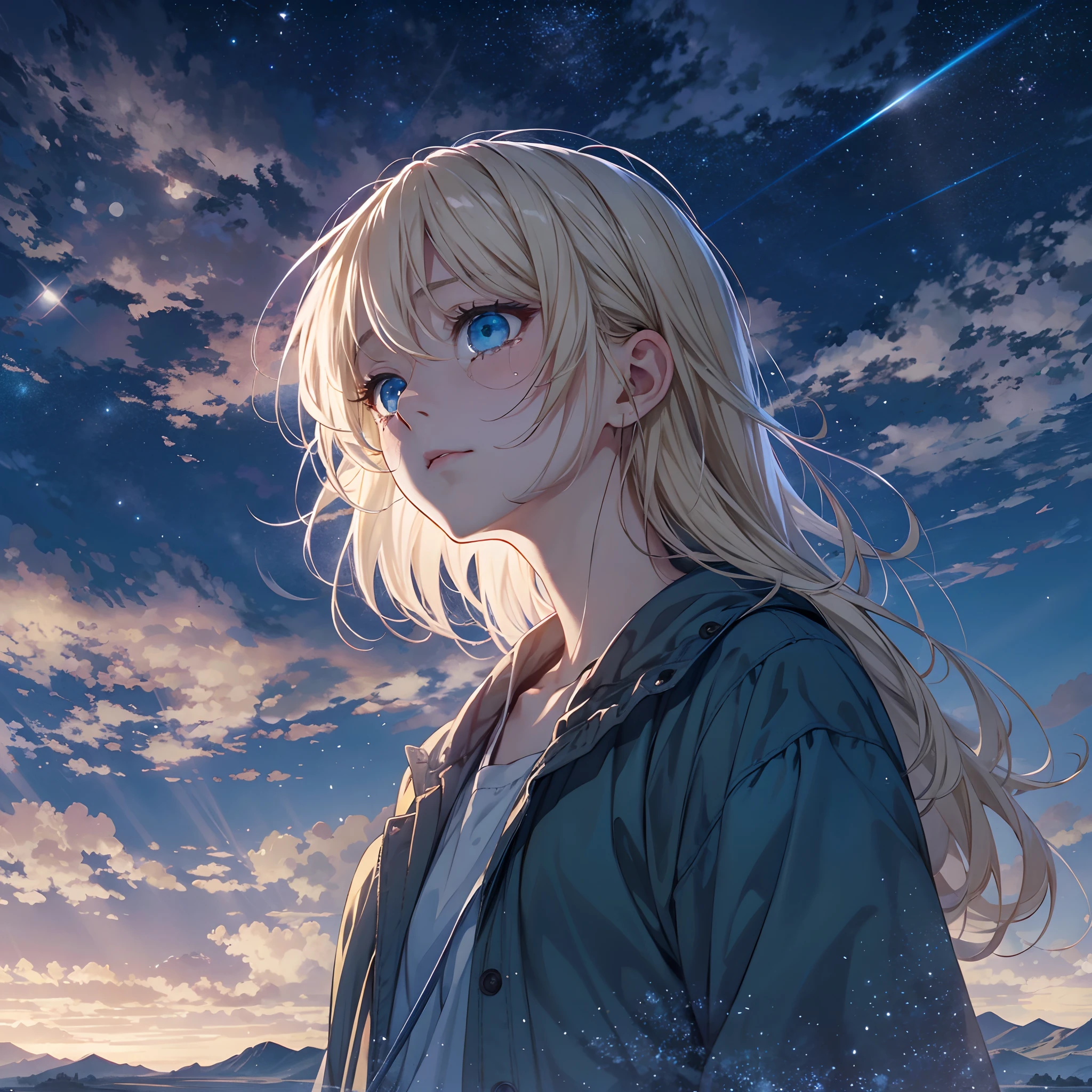 absurderes、hight resolution、(Official Art、Beautifully Aesthetic:1.2)shining sky, Vast world, Distant horizon, clouds, High hills, natural beauty, nigh sky, Shining stars,Smooth straight blonde hair,(deep blue eyes:1.2),(looking up:1.1),(A wistful look),(shed tears:1.2)