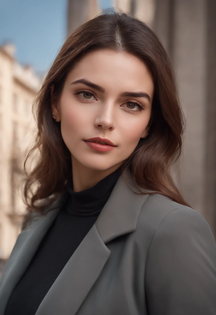(digital painting: 1.4), Viviansz Une belle femme avec des habits classes, Face au spectateur, standing on a building, Fonds urbain, The Ultimate Masterpiece, very high detail, Realstic, 8k, Consistent posterior, corps de la modele vu en entier, Crisp background, brunnette