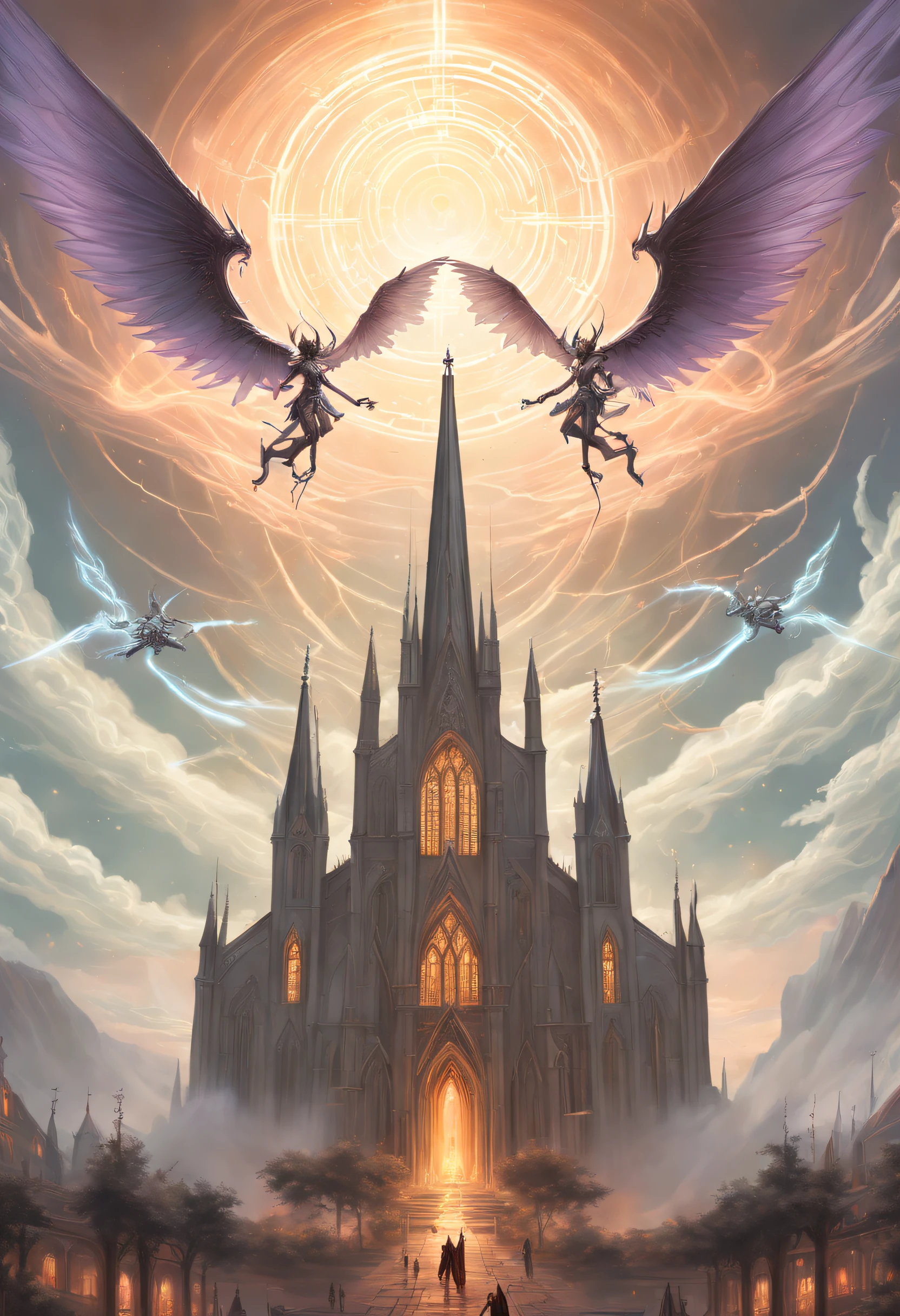 ethereal fantasy concept art of good and evil air battle, facing each other, (cosmiccore angelic being, bright Christian cathedral) (air battle:1.2) against (magmacore demonic succubus), mysterious lace features, futuristic setting combination of optical and high tech, in the style of Dan Mumford and Ed Binkley and Simon Bisley AngelicStyle . magnificent, celestial, ethereal, painterly, epic, majestic, magical, fantasy art, cover art, dreamy