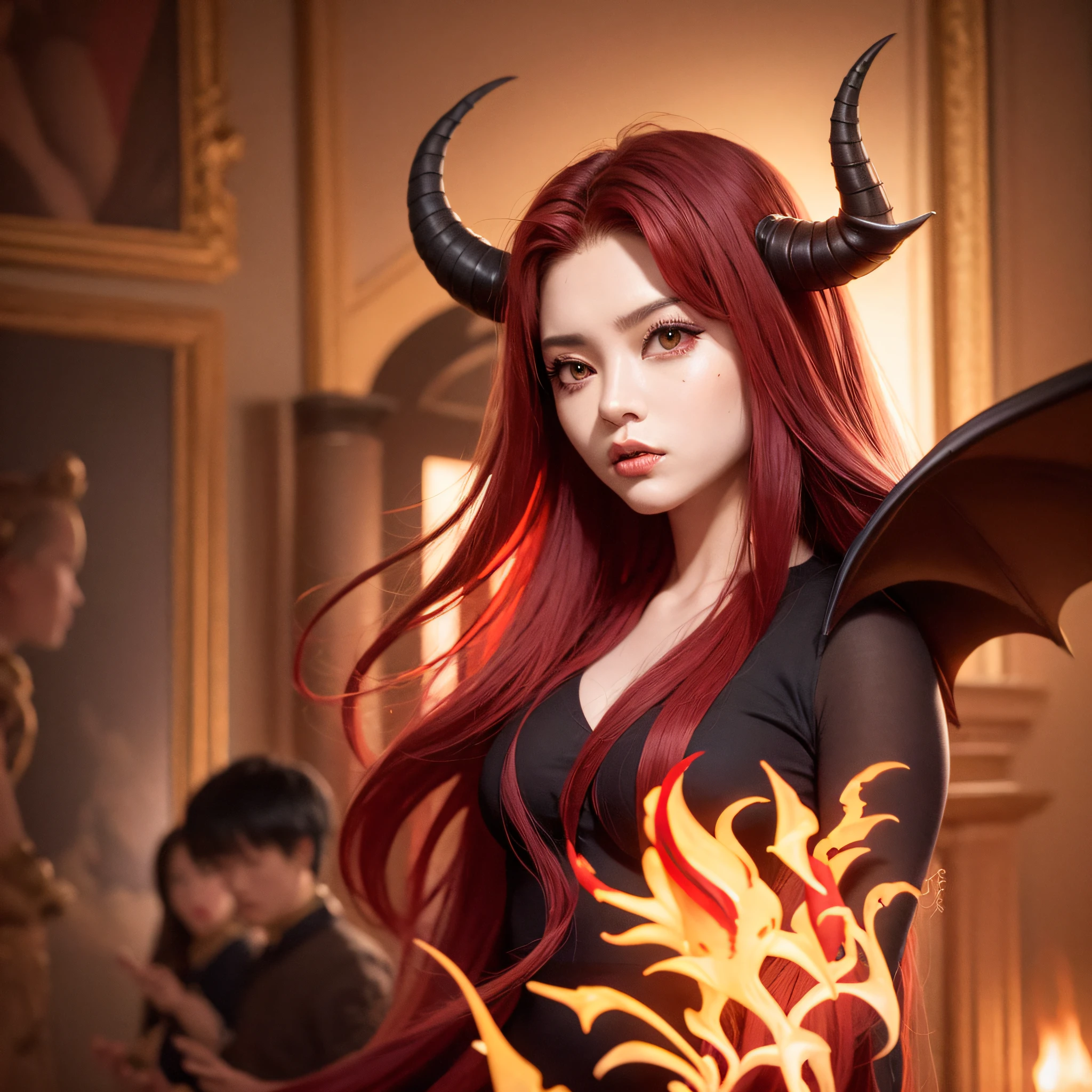 young Dragon-Girl, deep red hair, big hair, portrait, serious face, Princess of Dragons, Dynasty of fire