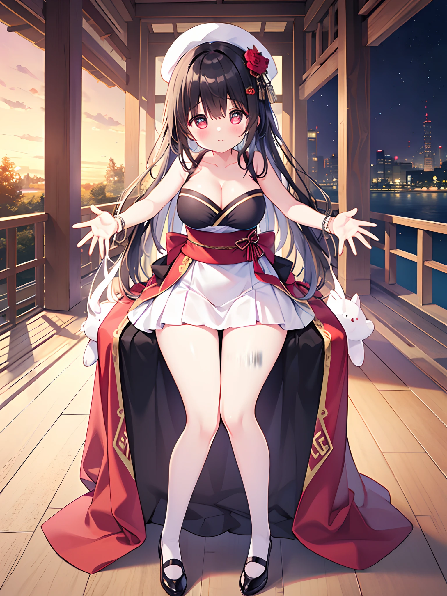ulzzang-6500-v1.1, (raw photo: 1.2), (photorealistic: 1.4)) best quality, beautiful, beautiful, beautiful, extremely detailed, CG, unity,8k amazing wallpaper, beautiful detail, masterpiece, best quality, official art, very detailed CG unity 8k wallpaper, ridiculous, unbelievably ridiculous, huge file size, super detailed, high resolution, very detailed, beautiful detailed girl, very detailed eyes and face, beautiful detailed eyes, movie lighting, 1 girl, perspective, red ruby eyes, detailed eyes, detailed pupils, beautiful eyes, black hair, detailed hair, shiny black hair, hari contour, looking at the audience, full body, full body photo, outdoors, hands behind your back, (Hanfu), (open arms for viewer, want to hug viewer, sweet and gentle:1.2), (sexy, shoulderless, collarbone, cleavage, fair light skin)