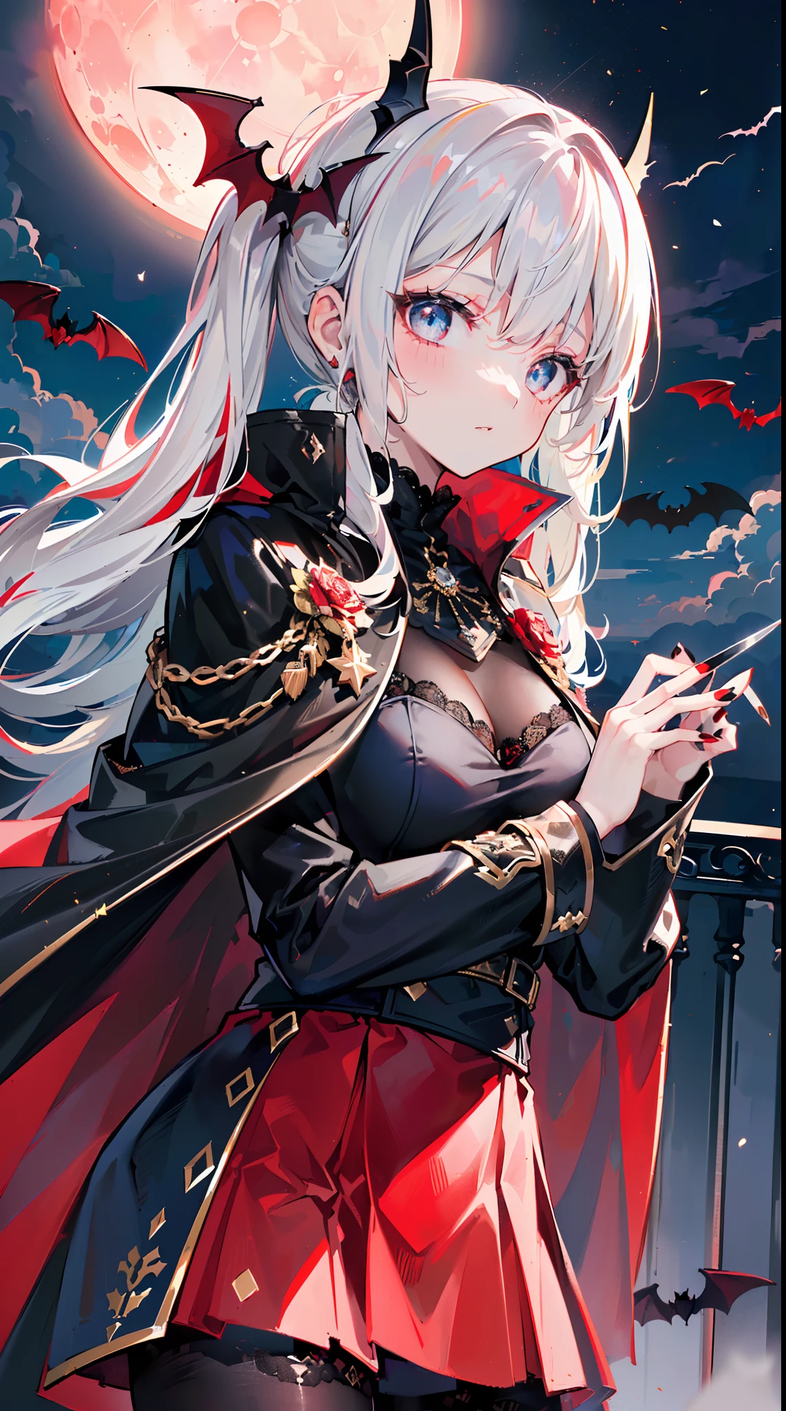 (8K, Best quality, tmasterpiece:1.2),\(eye detailed\),\(Facial features\),(\(Clothes detail details\)\),(Poor milk),(Facial focus) ,Very detailed CG unity 8K wallpaper,hugefilesize,ultra - detailed,A high resolution,absurderes,beautidful eyes,Ray traching,dramatic shadow,finely detailled,Dramatic angles,Hyper-detailing,(1 girl:1.3),olo),ittle girl,hair color of deep sky blue color,dark gold eyes,long hair,side hair ponytails,Vampires,(paleskin:1.4),(Slender and sharp red manicure:1.4),(Black cape:1.3),(Black dress:1.3),(Red lace skirt:1.3),(//British aristocratic style clothing design:1.5//),(//Background with(Outside the English Mansion,Bats flying in the sky,deep in the night,Red moonshine,moon full):1.5//)