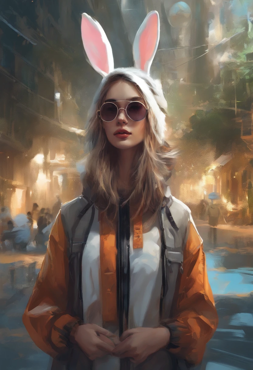 Perfect centering, Cute little bunnies everywhere, Wear a student jacket, Wearing sunglasses, Wearing headphones, Standing position, Abstract beauty, Centered, Looking at the camera, Facing the camera, Approaching perfection, Dynamic, Moonlight, Highly detailed, Digital Painting, art  stations, concept-art, Smooth, Sharp Focus, 8K, hight resolution, Illustration, art by carne griffiths and wadim kashin, White background