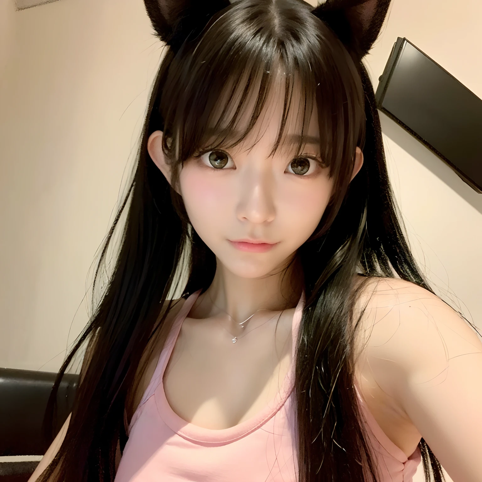 1girl, animal_ear_fluff, animal_ears, bangs, bare_shoulders, black_hair, blush, breasts, cat_ears, closed_mouth, eyebrows_visible_through_hair, green_eyes, grey_background, hair_between_eyes, karyl_(princess_connect!), long_hair, looking_at_viewer, medium_breasts, multicolored_hair, shirt, simple_background, sleeveless, sleeveless_shirt, solo, upper_body, white_background, white_shirt,