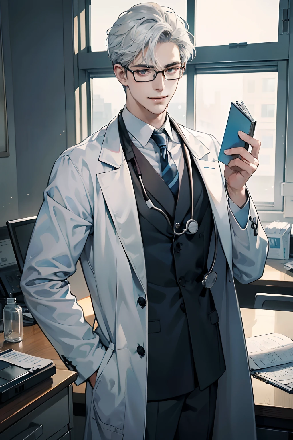 1 boy,Handsome face, perfect male body,look at the camera, (Evil smile,Doctor, white coat, notebook in hand,eyeglasses,hospital ward),sanpaku, stethoscope, Dim light,dark room,masterpiece,portrait,Ray tracing