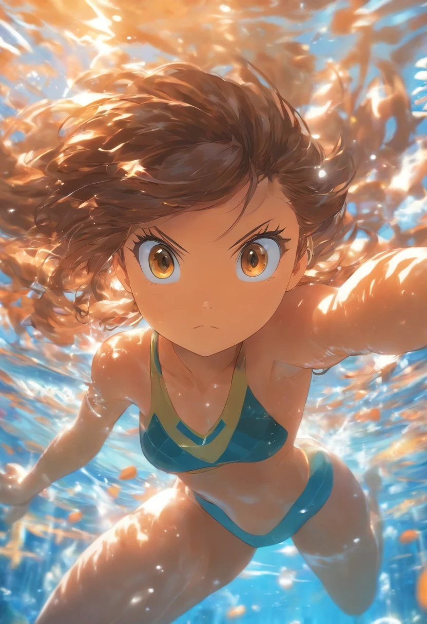 foreshortening, depth of field, masterpiece, best quality, 1girl, brown hair, brown eyes, long hair, underwater, air bubble, solo, looking at viewer, school swimsuit, swimming, dappled sunlight,