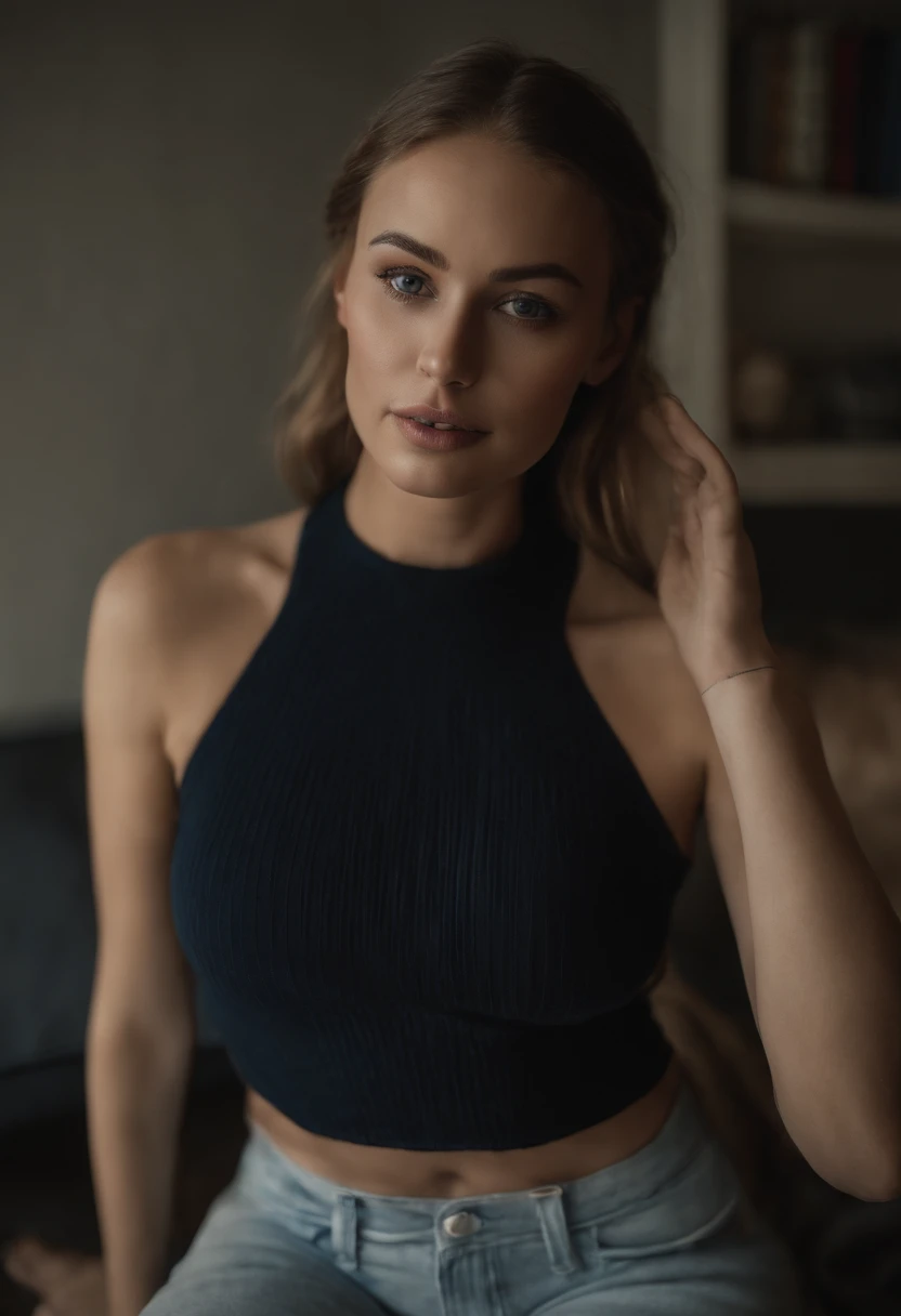 arafed woman fully , sexy girl with blue eyes, ultra realistic, meticulously detailed, portrait sophie mudd, blonde hair and large eyes, selfie of a young woman, bedroom eyes, violet myers, without makeup, natural makeup, looking directly at the camera, face with artgram, subtle makeup, stunning full body shot kneeling on bed, in bedroom, medium to large size bust; ; ;naked, showing, medium to large breasts exposed, shaved bottom,