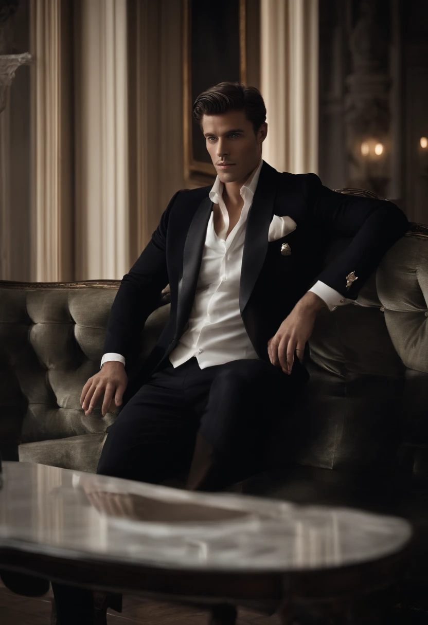 Un jeune homme,beau,well muscled,corps poilu,chaussette blanche,Collants ultra-fins(detailled eyes:1.3),Nu seins nus,Nudity everywhere,dark eyes,renflement massif,Black hairs protruding from the bulge, plein corps Esbienne,Personnage assis sur une chaise, arms raised, cheveux noirs (short and elegant hair,), nice pose, bel homme, joli visage, royal elegant pose, merchant, (in a striped blazer), (The surrounding environment is a luxurious and classic living room) (Imagerie Sandtone) ultra realist, Prince of royalty in search, Aesthetics of old change, Aspect italien, Costume chic, Rolex, Classic car in the background, Recherche de redevances, portant le costume Ralph Lauren, Sosie du visage de Michele Morrone, Luxury Italian country house in the background, Homme italien,