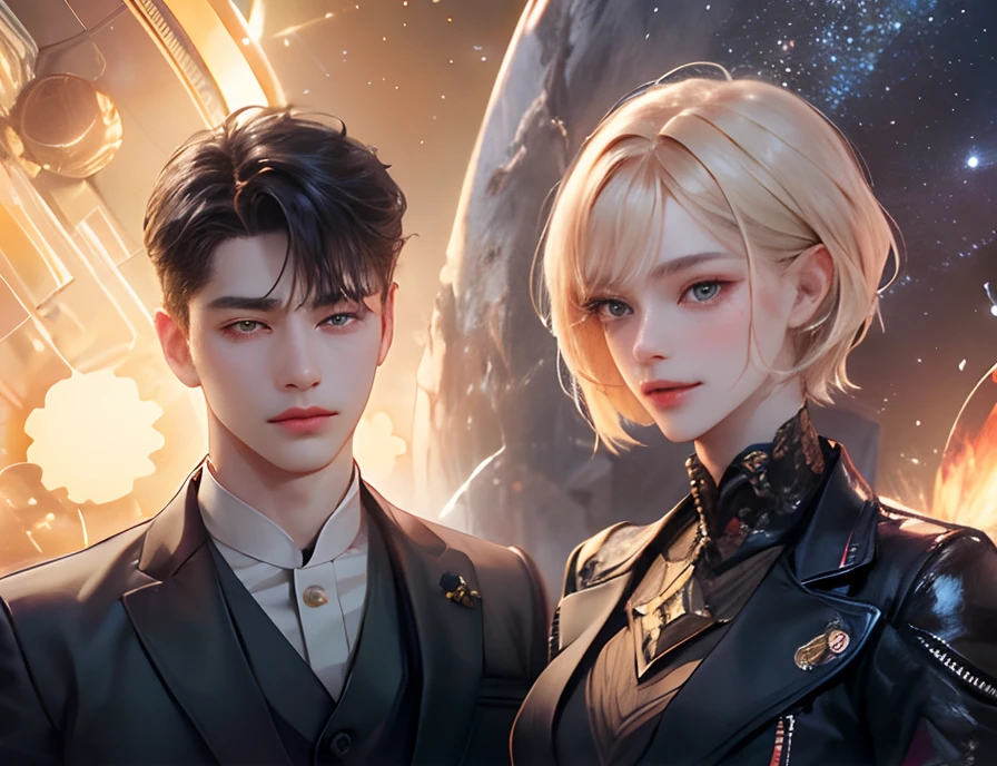 (detail-rich,超高分辨率,High-density radiography),A masterpiece, The best quality,Android game characters,Short hair, Handsome young boy and beautiful girl,ssmile,orthofacial, Anime eyes, Mobile legendary heroes, Details, detailed character, space backdrop,starrysky,Between the two is a cute kitten wearing a spacesuit