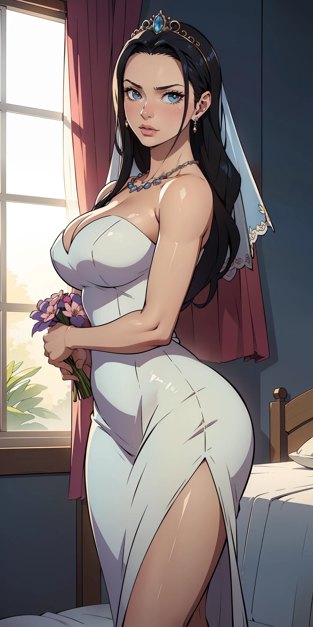 Hyper realistic super detailed sexy Nico Robin,NSFW, Very detailed, expressions faciales sexy, seductive facial expressions, [:(Face detail: 1.4): 0.4], 16K resolution, 4k resolution, dinamic lighting, High definition resolution, (hyper realistic: 1.4), (back light: 1.2), (sun light: 1), (pleine hauteur: 1.8),(contrasting background: 1.5), (Anatomy of the hyperrealistic arm), (Hyperrealistic anatomy of the legs), (peau propre), (lighting cinematic: 1.7), (intime), (Technologie NVIDIA RTX Ray Tracing), (Anatomy of the hyperrealistic arm: 2), (Ventre plat parfait), (image couleur),Create a masterpiece in 4K resolution, ultra-realistic, and extremely detailed, featuring an alluring young Nico Robin with a captivating physique and attractive bridal attire. The Nico Robin's bride is the central character in the artwork, radiating joy and elegance. She stands in a beautifully decorated bedroom, with soft, natural light streaming in through the curtains, creating an intimate and enchanting atmosphere.

The alluring young  Nico Robin possesses a captivating beauty. Her wedding gown is a true showstopper, with intricate lace, delicate embroidery, and a figure-hugging silhouette. She wears a veil that partially covers her face, adding an air of mystery. Her bouquet of fresh flowers is held gently in her hands.

Her physique is alluring, with graceful curves that complement the elegant lines of her bridal attire. Her hair is styled to perfection, with flowing locks that frame her face. Her makeup is tastefully done, enhancing her natural beauty. She wears sparkling jewelry that accentuates her allure, including a necklace, earrings, and a tiara.

The bedroom is tastefully decorated for the occasion, with floral arrangements and romantic touches. The bed is adorned with fine linens and decorative pillows. Soft candlelight or warm ambient lighting enhances the intimate setting
