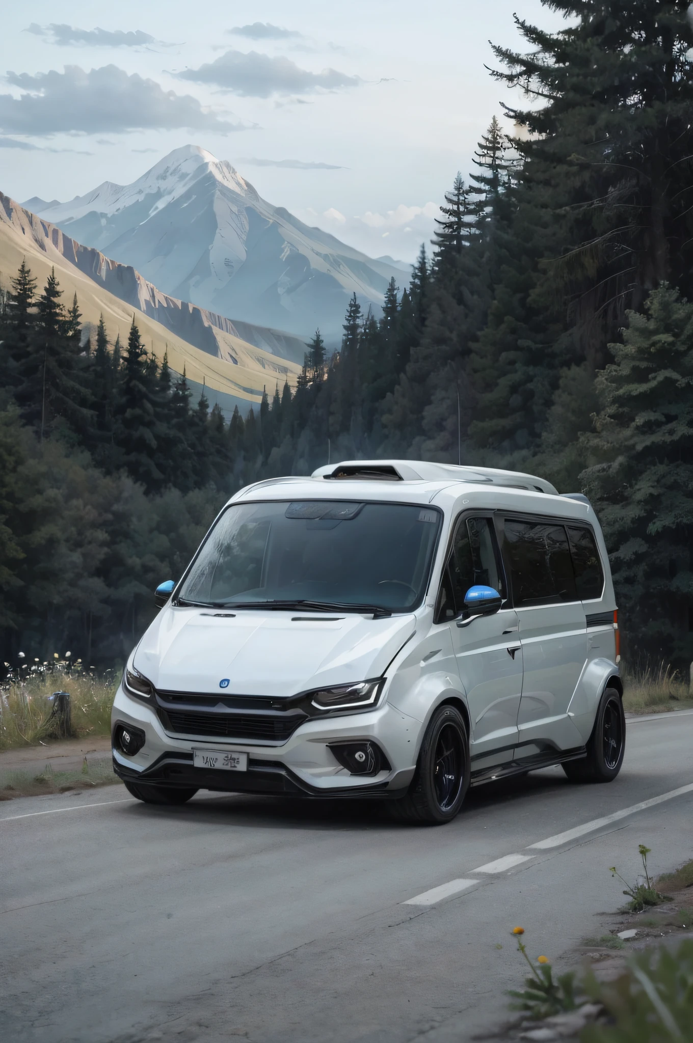 Simple self-propelled motorhome,Drive on mountain roads。The body has a streamlined pattern,Spring sunshine,Roadside trees sprout,Wildflowers are everywhere,Mountain streams, Small streams, Flowing water。