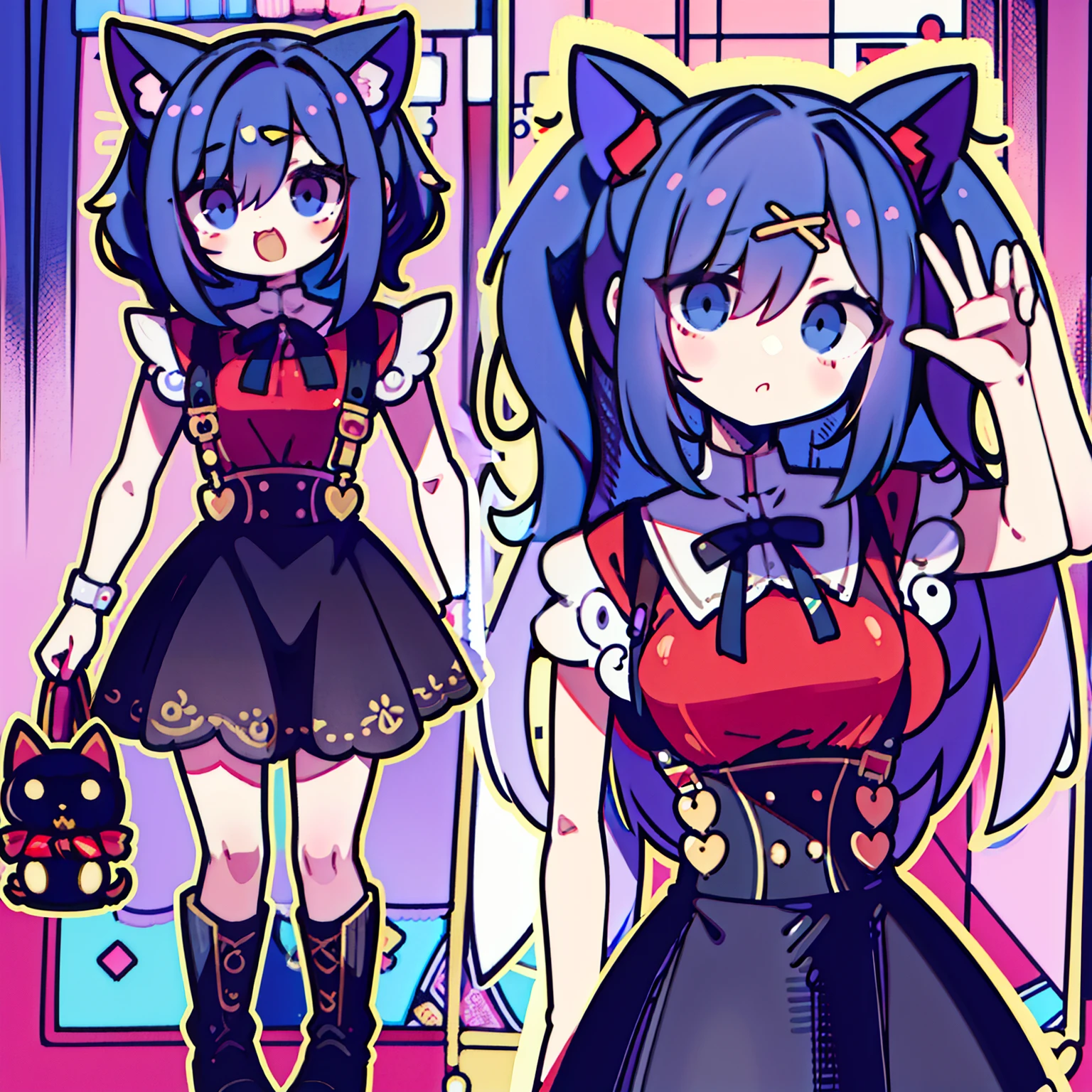 Lovely,kawaii girl, Ame-Chan,  looking at viewer, suspenders, (red shirts), black ribbon, black skirt, busty figure, bags under eyes, nervous expression, masterpiece, (Best Quality:1.4),(Perfect Anatomy:1.4), High Quality, very_high_resolution, Ultra Detailed, large_filesize, Full Color, Detail, 8K, 4K, High Resolution,Symmetrical,Extraordinary, Best Aesthetics, holding pink cat plush