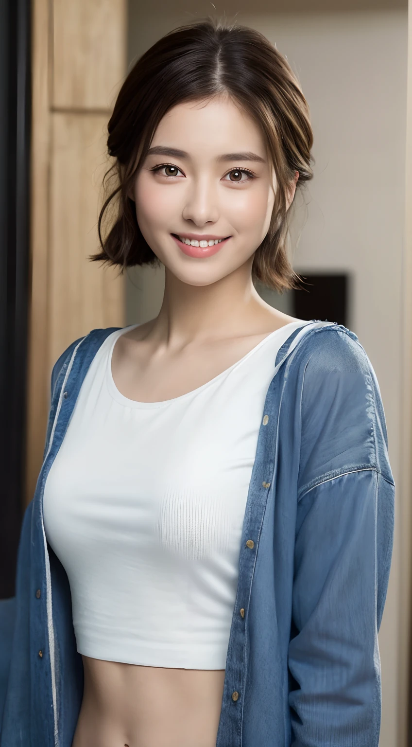 ((top-quality、8K、masterpiece:1.3))、1girl in、Beautiful woman with accentuated slim abs:1.3、(Casual Hairstyles)、Casual clothing:1.2、interiors、Super Detail Face、Delicat eyes、二重まぶた、Soft breasts、A smile、cabelos preto e longos