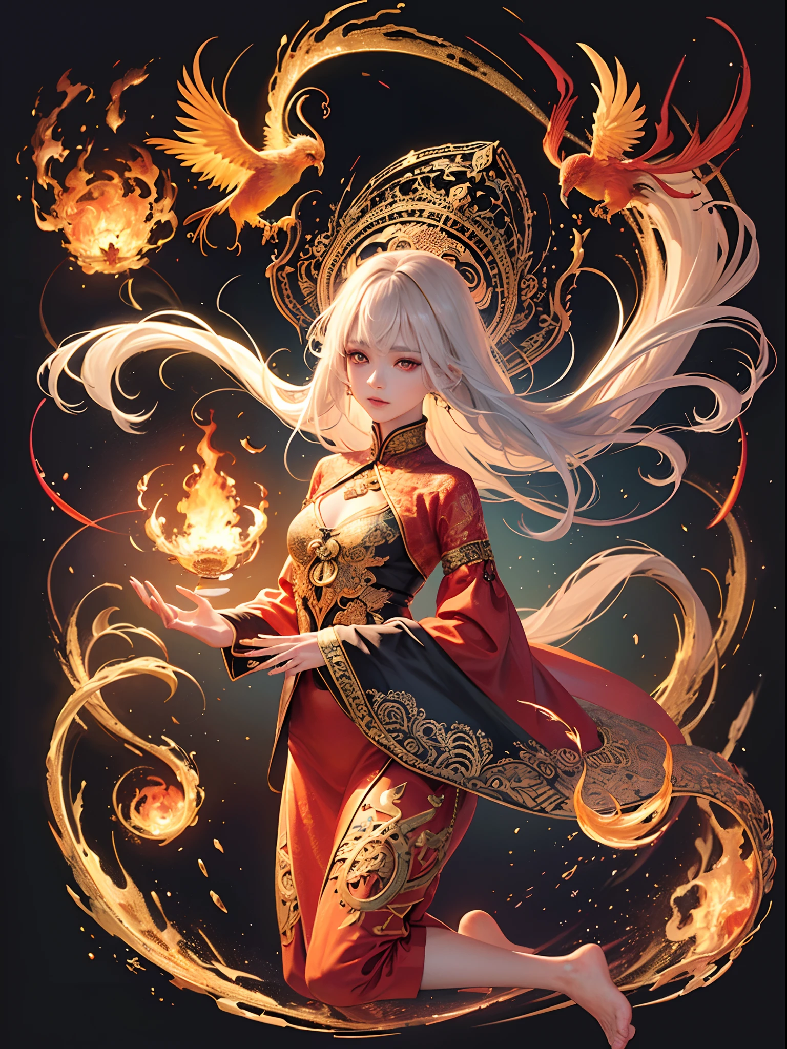 Official art, 统一 8k 壁纸, ultra-detailliert, Beautifully Aesthetic, ​masterpiece, top-quality, (Zentangle, a Mandala, Tangles, Entanglement), (Fractal Art: 1.3), 真实感, (​masterpiece, top-quality, top-quality, Official art, beauty and aesthetic: 1.2), ighly detailed, Fractal Art, colourfull, best detailed, Zentangle, (Abstract background: 1.5)(1womanl: 1.3), Deities々, (red eyes glowing), Mystical, (Fire magic)、Yellow Spring Hell, Flamebird