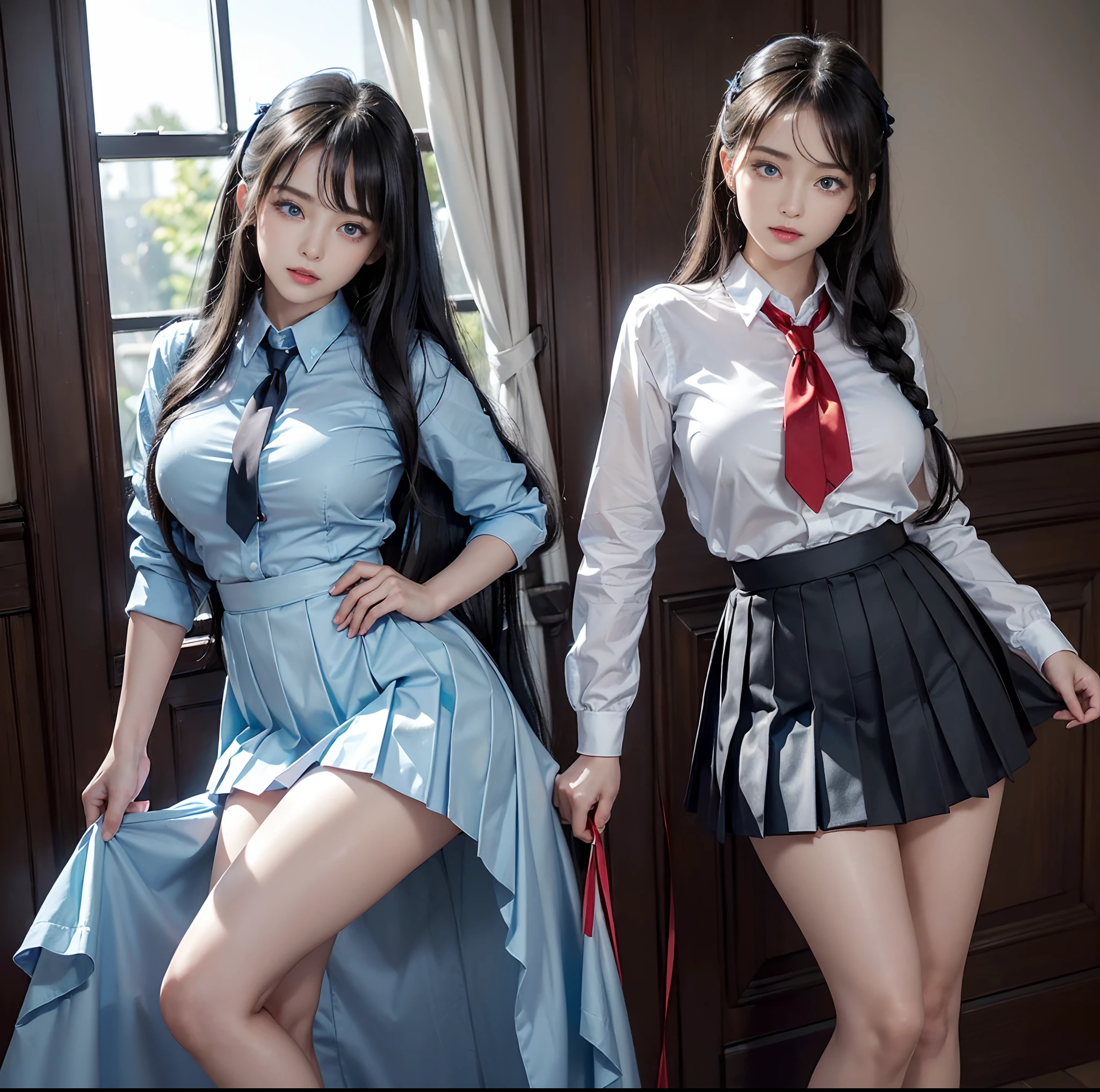 top-quality, masterpiece, (Professional lighting without shadows), A hyper-realistic, Bewitching, perfect anatomia, Two girls, (Girl proudly standing in front of camera shows off high school girl uniform ribbon ties, Another girl on the other side, Bend over and stick your butt out towards the camera), ( Huge breasts:1.2), (Bright and even whitening skin without wrinkles and steps), (Bright beautiful blue eyes with long black eyelashes and red tear bags reflected light:1.5)、 (Braided half-up hair with bangs:1.2), (Although her costume was naked、Dress up cramped schoolgirl uniform directly on bare skin:1.3), (Proudly showing off a crimson ribbon tie from the front:1.2), (Another girl on the other side、To beautifully emphasize the proud ultra mini pleated skirt、Showing off a pose with the buttocks exposed from directly behind:1.3), (Beautiful face squinting in dazzling light:1.4), ssmile, (The blouse is thin and translucent, So you can see that they are not wearing underwear:1.3)
