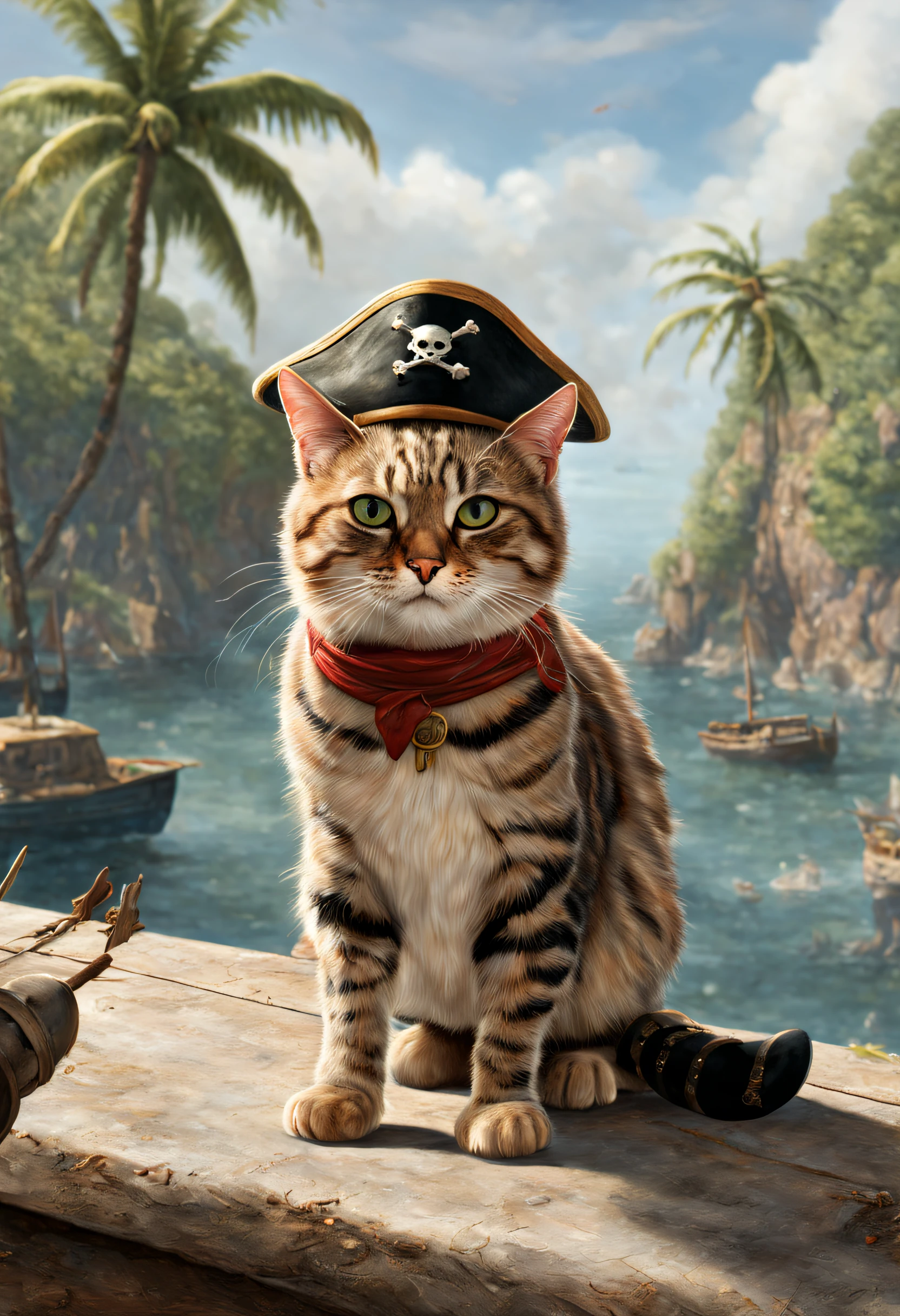 professional painting by Alfred Parsons of a single cat in pirate hat and boots. The cat has exited expression. There is a tropical island in background far away. It is summer morning time and clear weather. cinematic focus on the cat, dynamic pose, dynamic background, dynamic composition, dynamic lighting, realistic proportions, hdr, raytracing, extreme detailed, ultra detailed, intricate details, highly detailed atmosphere, highly detailed textures.