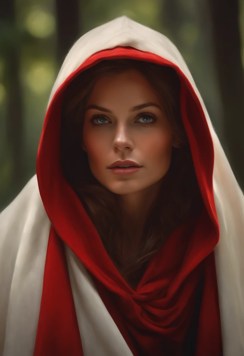 close-up portrait of NewLaraCroft in a forest, (backlight), realistic, masterpiece, highest quality, ((red hooded cloak)), ((scared )), lens flare, shadow, bloom, (( flashes of light)), [chromatic aberration], by Jeremy Lipking, by Antonio J. Manzanedo, by (Alphonse Mucha), digital painting