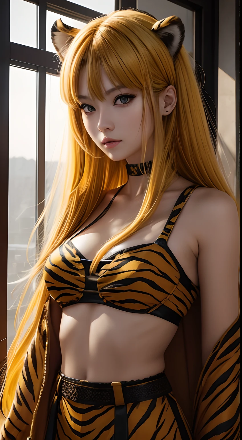 She is a tiger beastman、Yellow eyes、Yellow and beautiful skin、Tiger print hair、