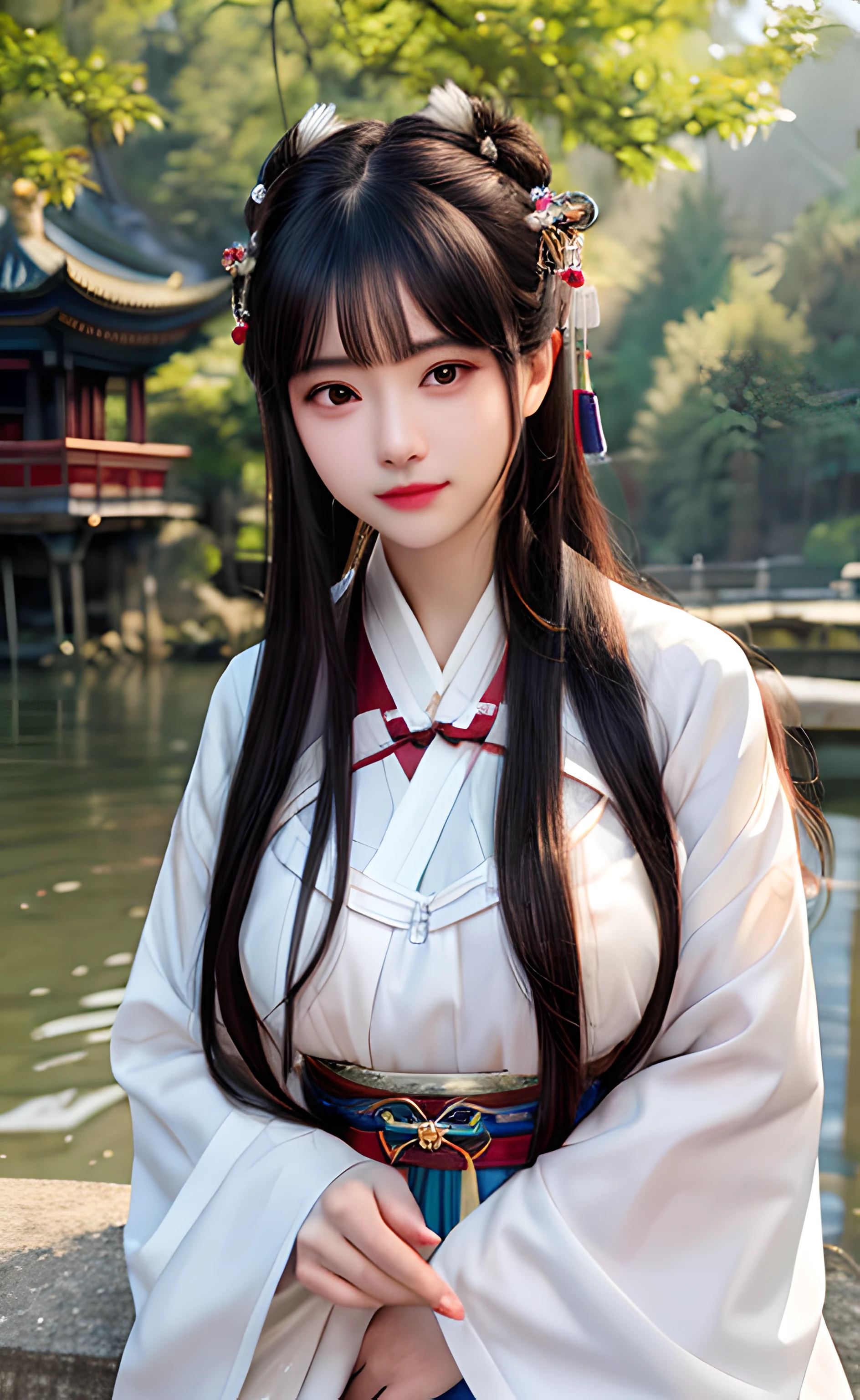 upper body,masterpiece, best quality,(photorealistic:1.4), highres, long hair, jewelry hairpin, large breast, riverside and rock or temple or bridge,
hanstyle, han clothing, hanfu, see-through,