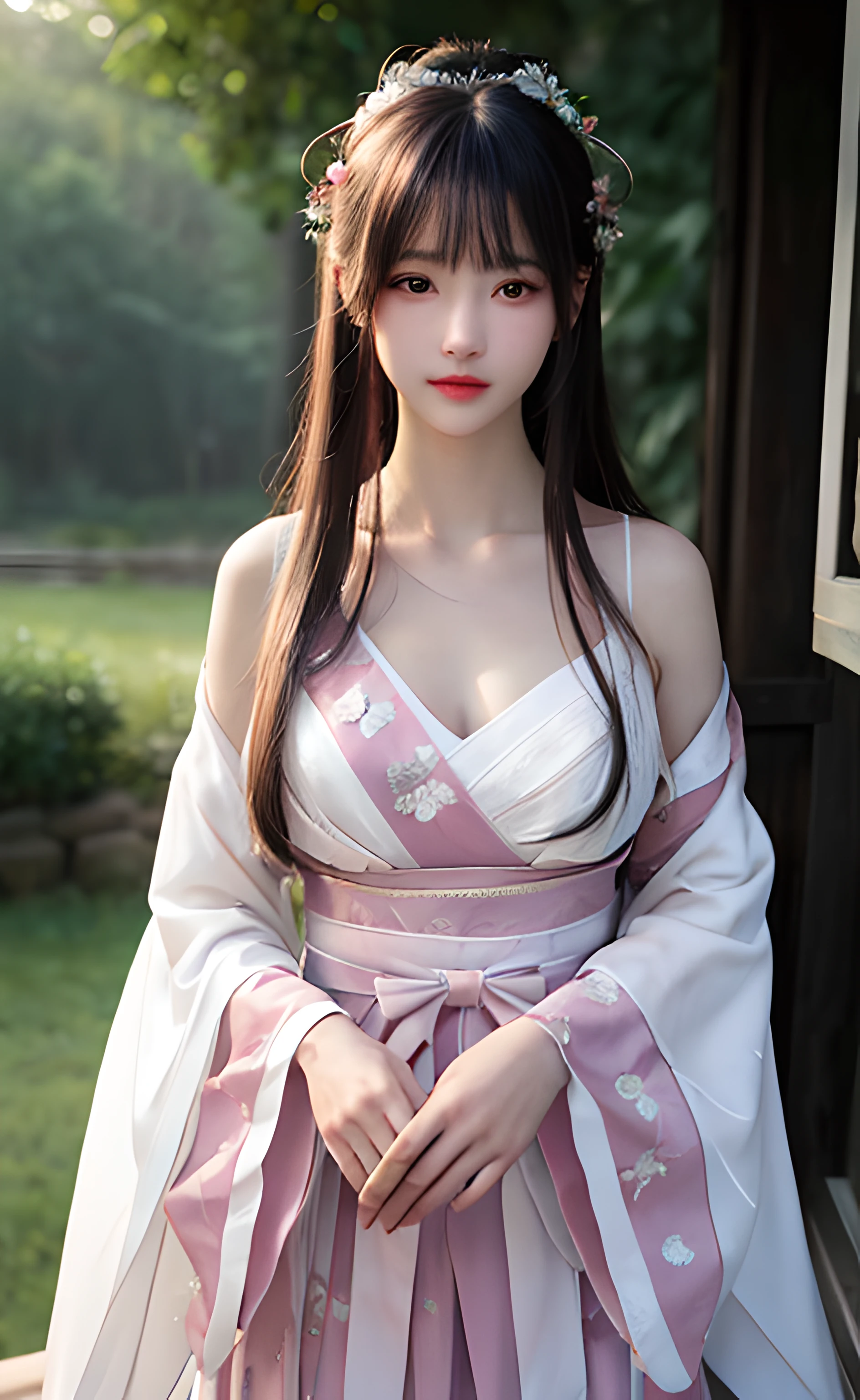 unbelievable Ridiculous,hugefilesize,ultra - detailed,the heirs,The is very detailed,Best quality at best,tmasterpiece,An extremely delicate and beautiful,The is very detailed,CG,Solidarity,8k wallpaper,An Astonishing,finely detailled,tmasterpiece,Best quality at best,offcial art,extremely detailed CGunity8k wallpapers,1girl upper body,tmasterpiece,Need,(真实感:1.4),A high resolution,long whitr hair,Jewelry hairpins,breast enhancement,Riverside rocks or temples or bridges,hanstyle,Hanfu,Hanfu,ssee-through,Bigchest,There are very deep,There is light in the chest,Looming,Extremely Delicately Beautiful,Delicate collarbones,beautiful make up,Exquisite and perfect facial features,looking toward the viewer,photon maping, Radio City, physically-based renderingt, above waist