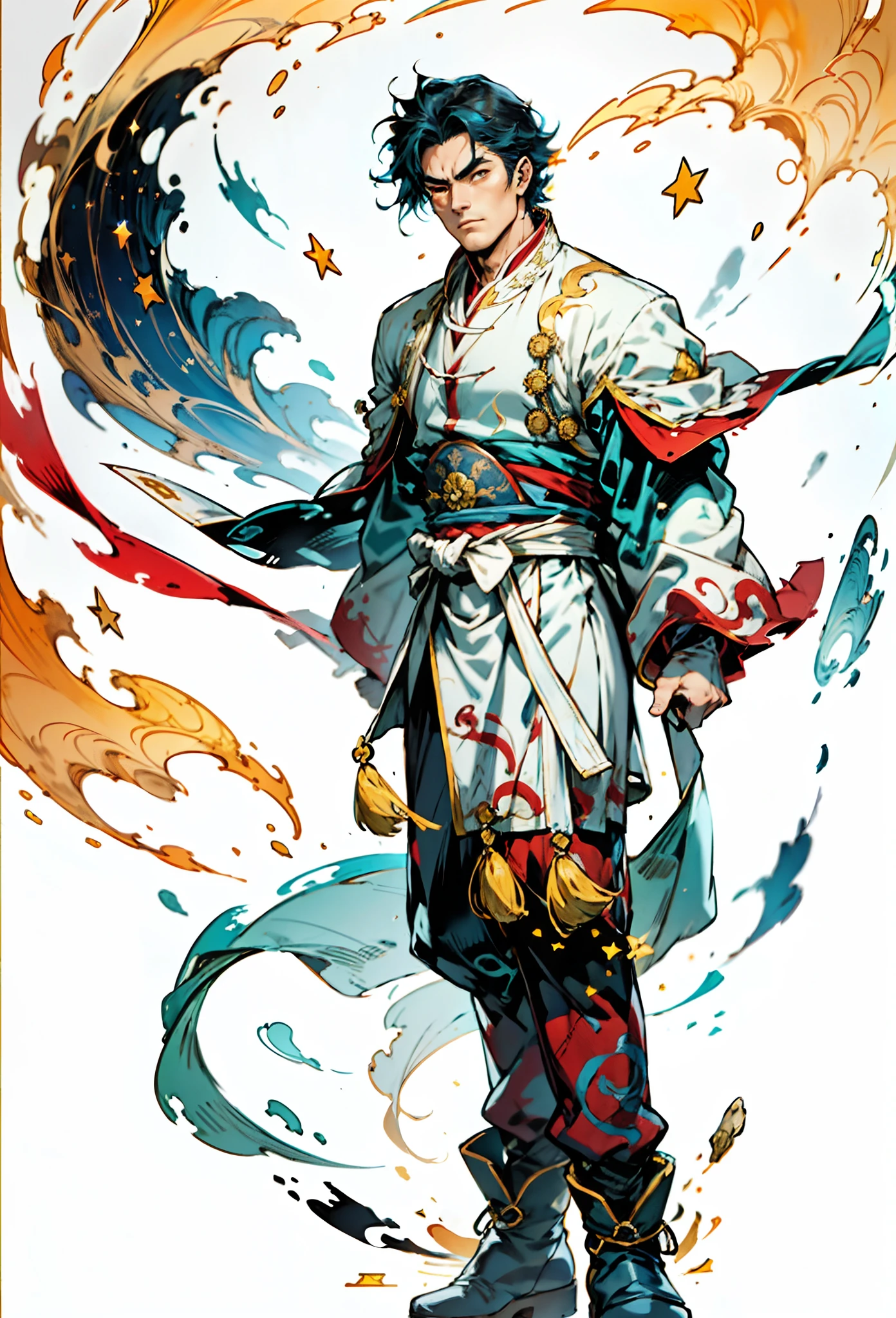 A young man with short aquamarine hair, sharp eyebrows, starry eyes, radiating a righteous aura, a two-piece fantasy wuxia-style outfit, featuring a traditional Chinese martial arts long gown, a wide overcoat, flowing sleeves, the color scheme is mainly red and white, with yellow as secondary colors, matching trousers, sturdy cloth boots, the background depicts a dreamy pattern of geometric symbols and stars, this character embodies a finely crafted fantasy-style Chinese martial hero in anime style, characterized by an exquisite and mature manga illustration art style, full body character drawing, high definition, best quality, highres, ultra-detailed, ultra-fine painting, extremely delicate, professional, anatomically correct, symmetrical face, extremely detailed eyes and face, high quality eyes, creativity, RAW photo, UHD, 8k, Natural light, cinematic lighting, masterpiece:1.5
