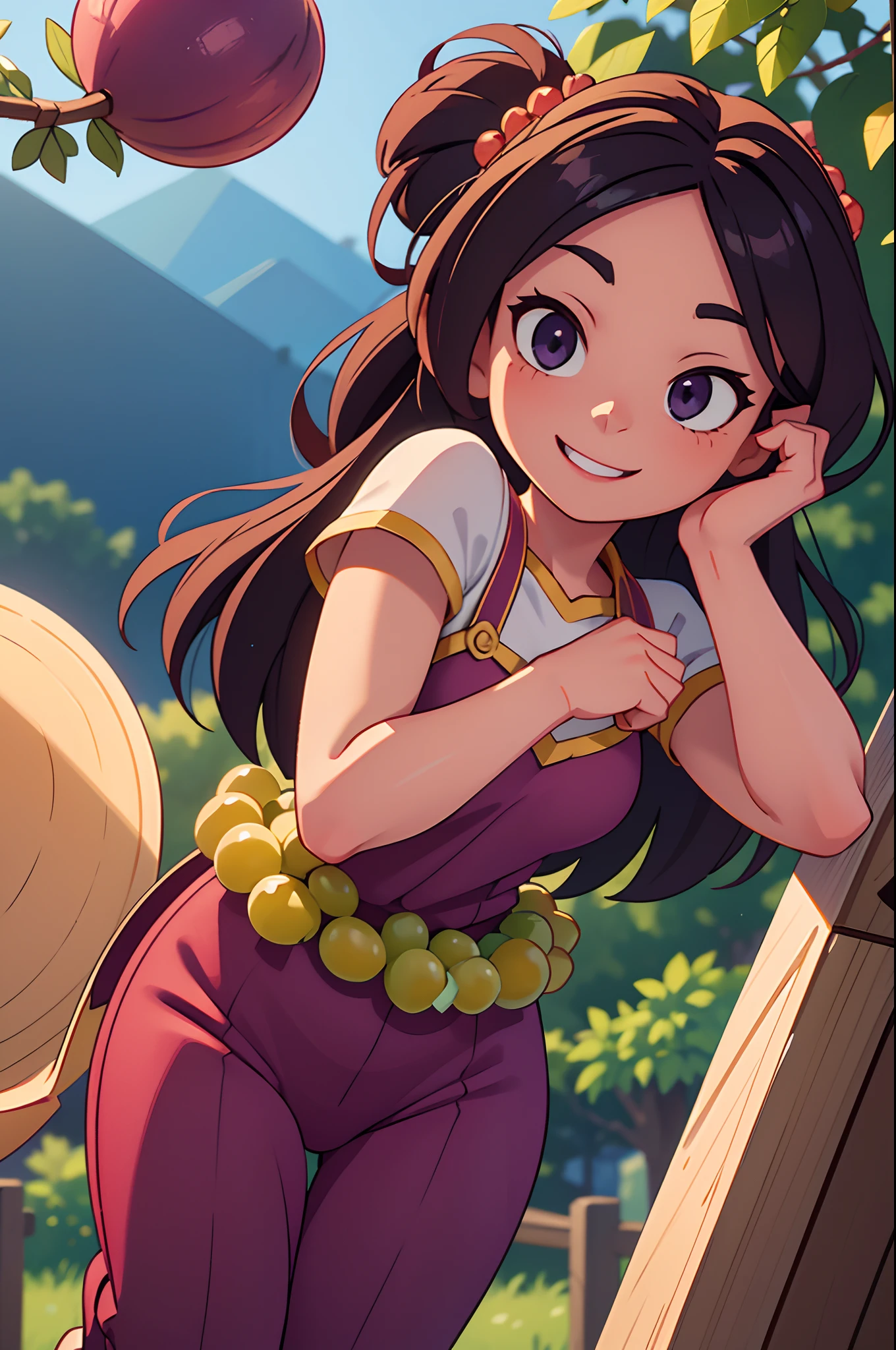Octane Render、(Hyper-detailing: 1.15)、(Soft light、sharp: 1.2)、morning、Harvesting grapes, Enjoy grape picking、Grabbing grapes hanging from the vine with your hands、Distinctive ethnic hair ornaments、 Fuji Film, F/4.0, masutepiece, Anatomically correct、A smile, radiant light