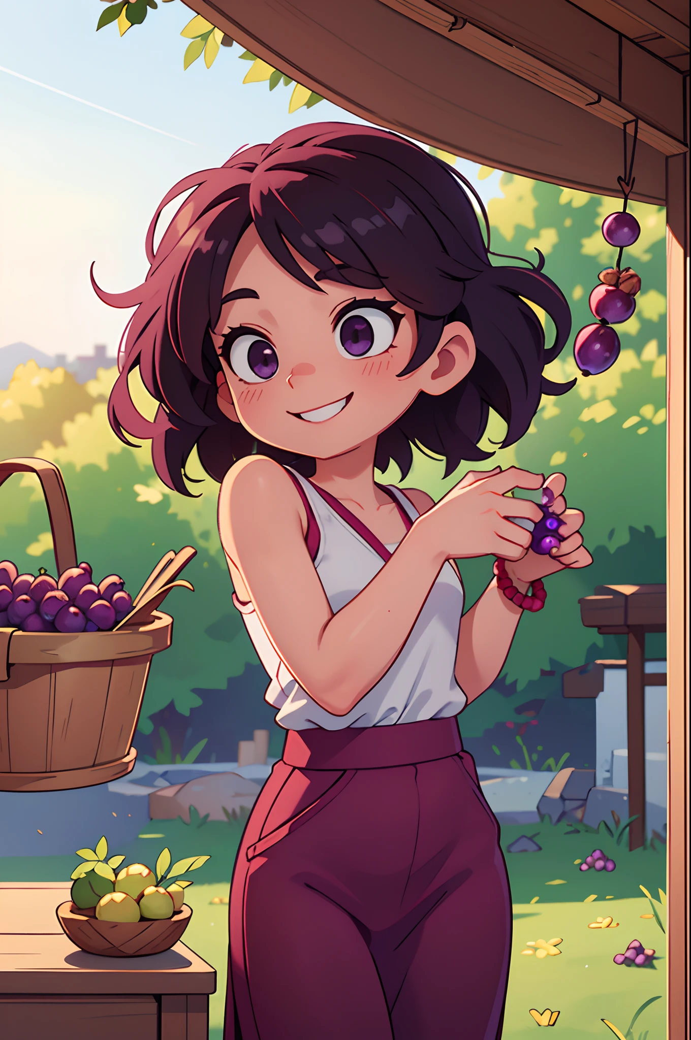Octane Render、(Hyper-detailing: 1.15)、(Soft light、sharp: 1.2)、morning、Harvesting grapes, Enjoy grape picking、Grabbing grapes hanging from the vine with your hands、Distinctive ethnic hair ornaments、 Fuji Film, F/4.0, masutepiece, Anatomically correct、A smile, radiant light