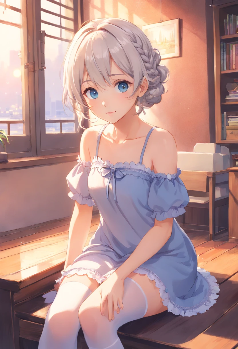 (best quality,4k,highres,masterpiece:1.2),beautiful detailed eyes,beautiful detailed lips,extremely detailed eyes and face,longeyelashes,white hair,twin braided curly hair,blue eyes,white Lolita dress,white stockings,barefoot,tiptoeing,showing the soles of the feet,illustration,soft colors,natural lighting