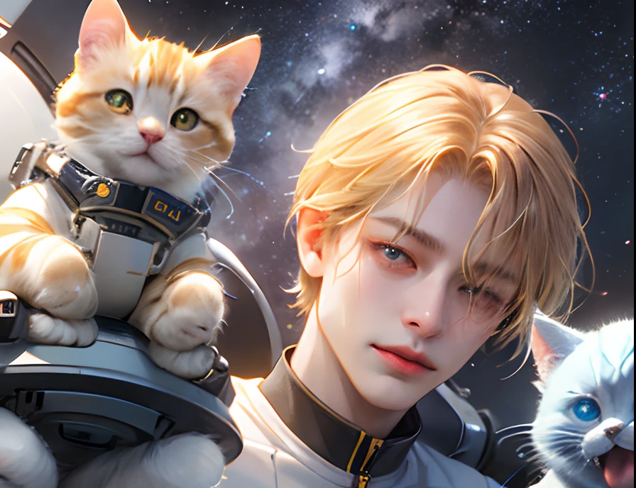 (detail-rich,超高分辨率,High-density radiography),A masterpiece, The best quality,Android game characters,Short hair, Two people and a kitten，The kitten is in the middle of two people，Handsome young boy and beautiful girl,ssmile，orthofacial， Anime eyes, Mobile legendary heroes, Details, detailed character, space backdrop，starrysky，A cute and aggrieved kitten in a spacesuit