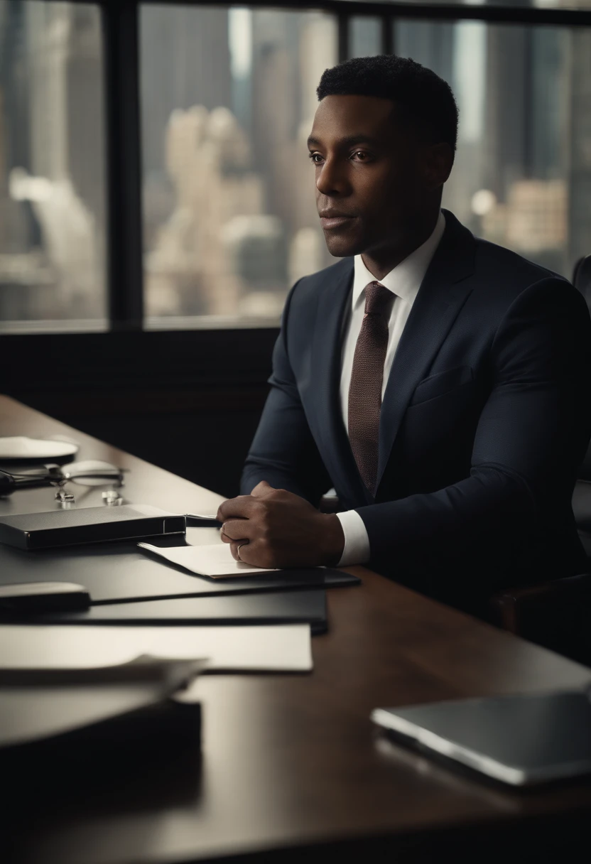 Portrait of New York businessman sitting behind desk in suit This man must be black, handsome and elegant Images must be 8K、Behind him you need to see New York、Facing the front、Looking at the camera