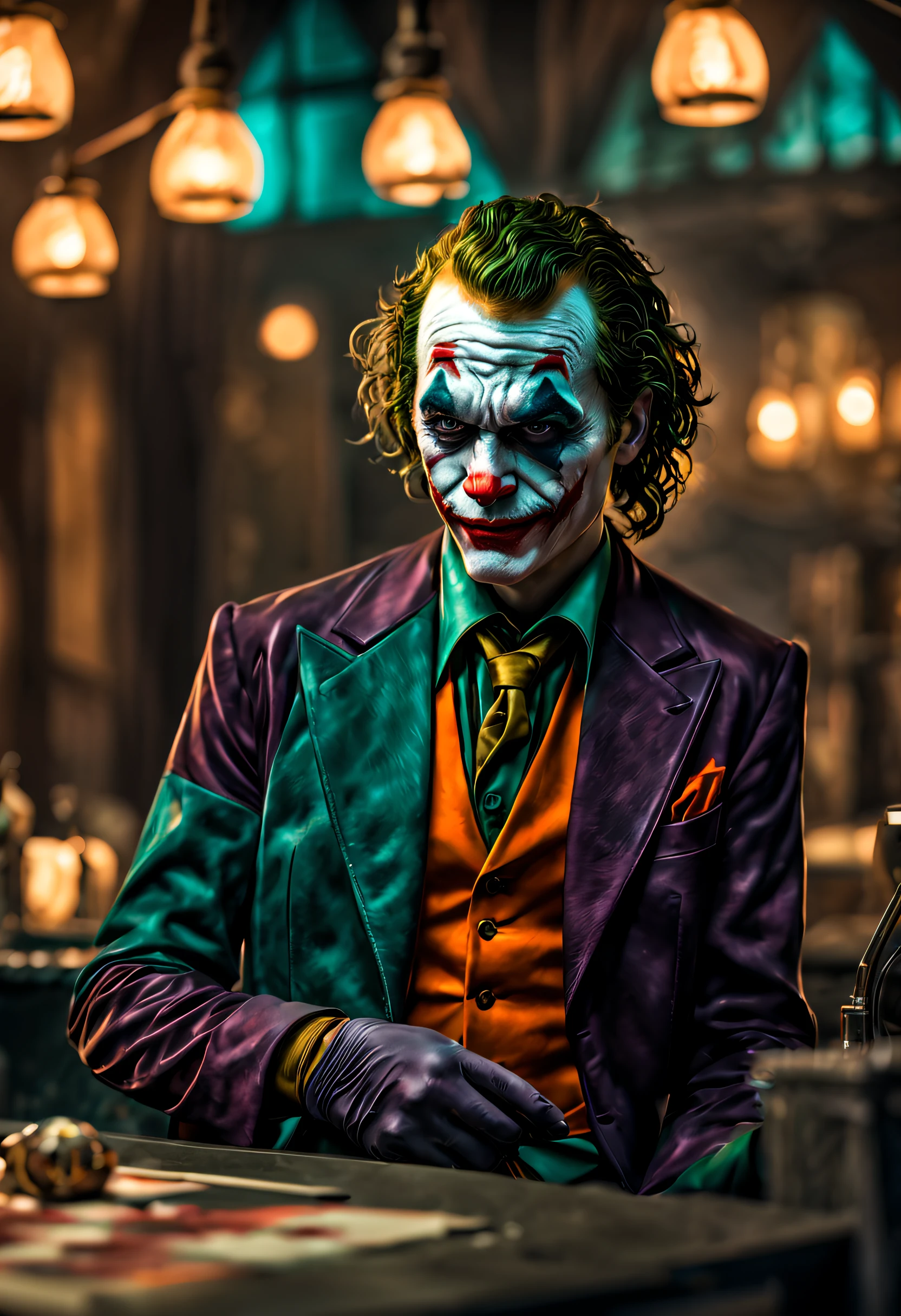 A dramatic joker as a bartender, center, rendered in a cinematic style with extreme realism and detail, full body shot