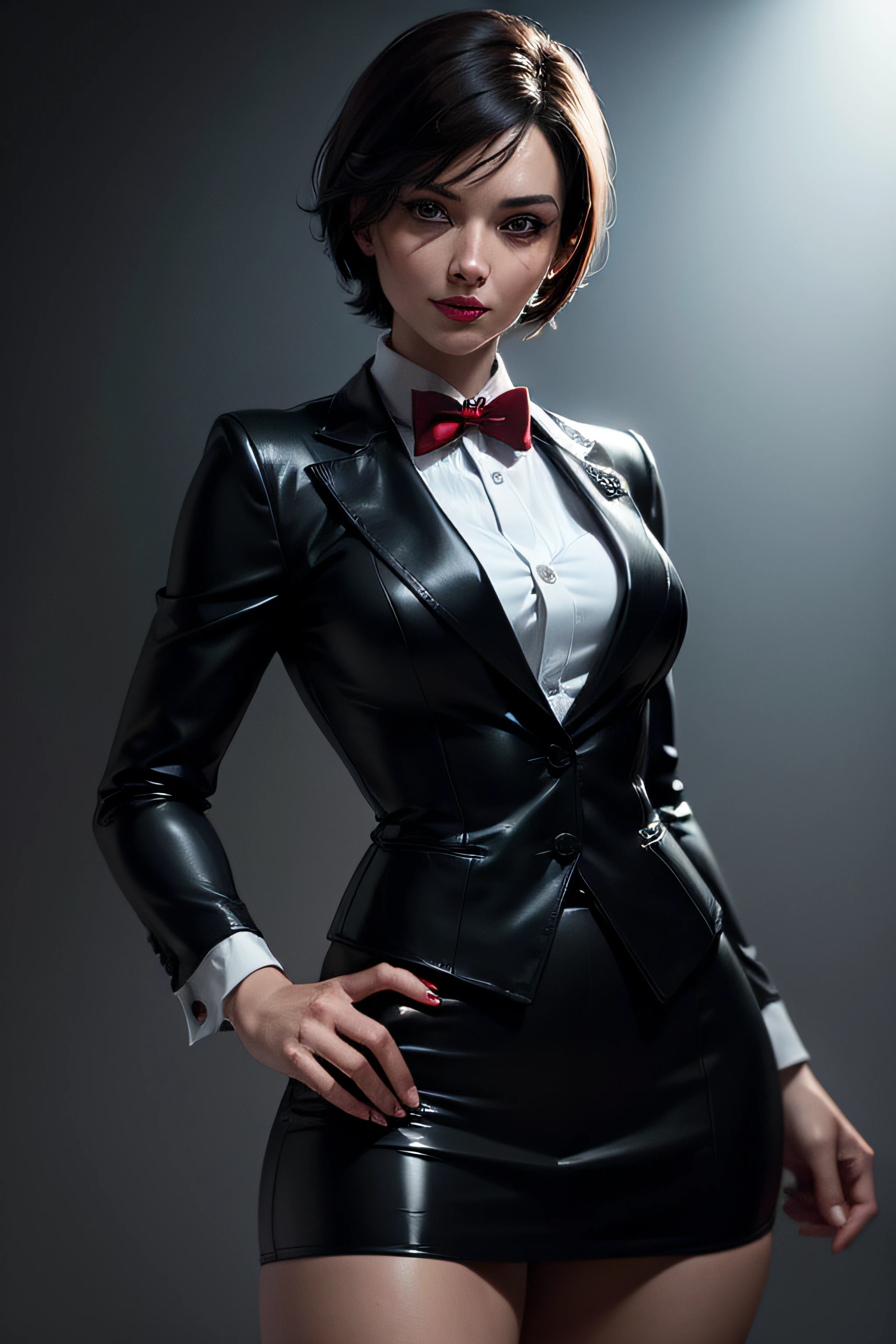 (absurdres, highres, ultra detailed), masterpiece, ada wong (resident evil), ((solo)), short hair, 1girl, skirt suit, tuxedo, black jacket, waistcoat, black bowtie, bodycon skirt, black clothing, miniskirt, closed mouth, standing, (((detailed lips))), ((realistic skin)), glowing skin, ((glossy red lips)), portrait, beautiful, smile, normal skin