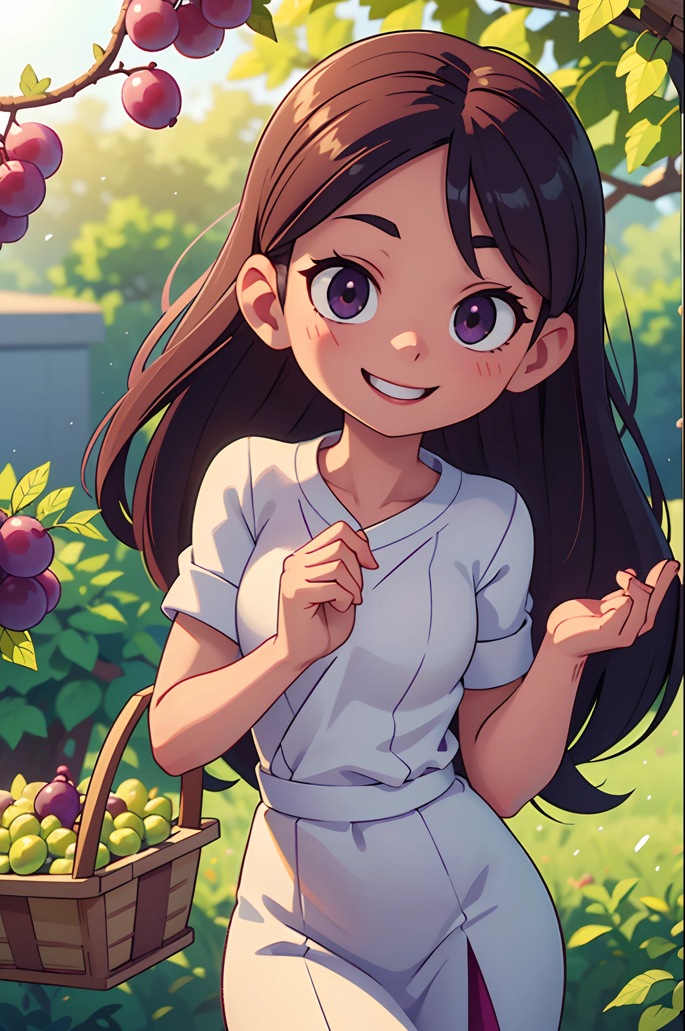 Octane Render、(Hyper-detailing: 1.15)、(Soft light、sharp: 1.2)、morning、Harvesting grapes, Enjoy grape picking、Grabbing grapes hanging from the vine with your hands、Distinctive ethnic hair ornaments、 Fuji Film, F/4.0, masutepiece, Anatomically correct、A smile, radiant light