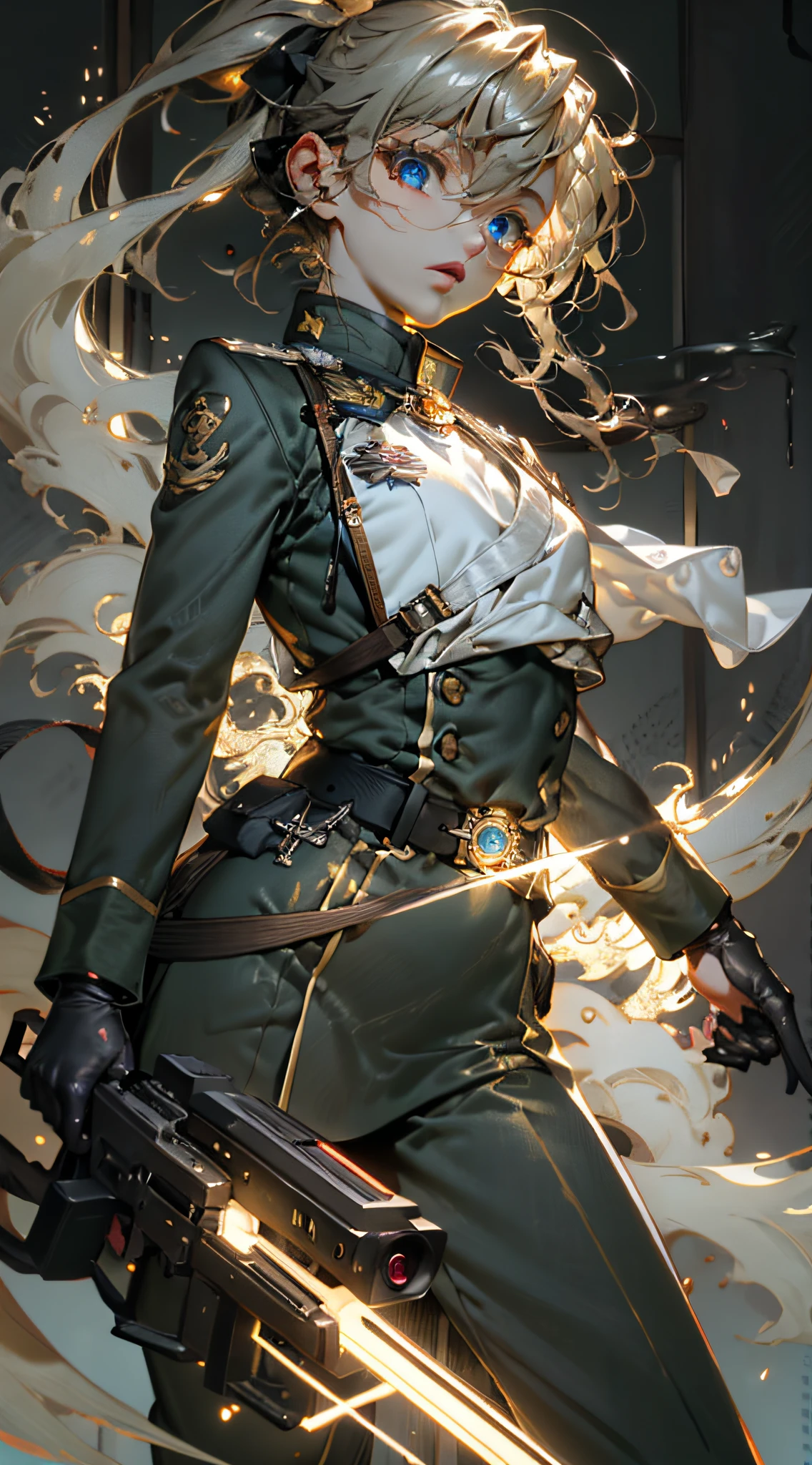 Smoke, White Light, Strong Light, 4K, HD, Ultra HD, Ultra Detail, Glowing Eyes, Full Body, Close Body, Holding a gun, Tanya von degurechaff, military uniform