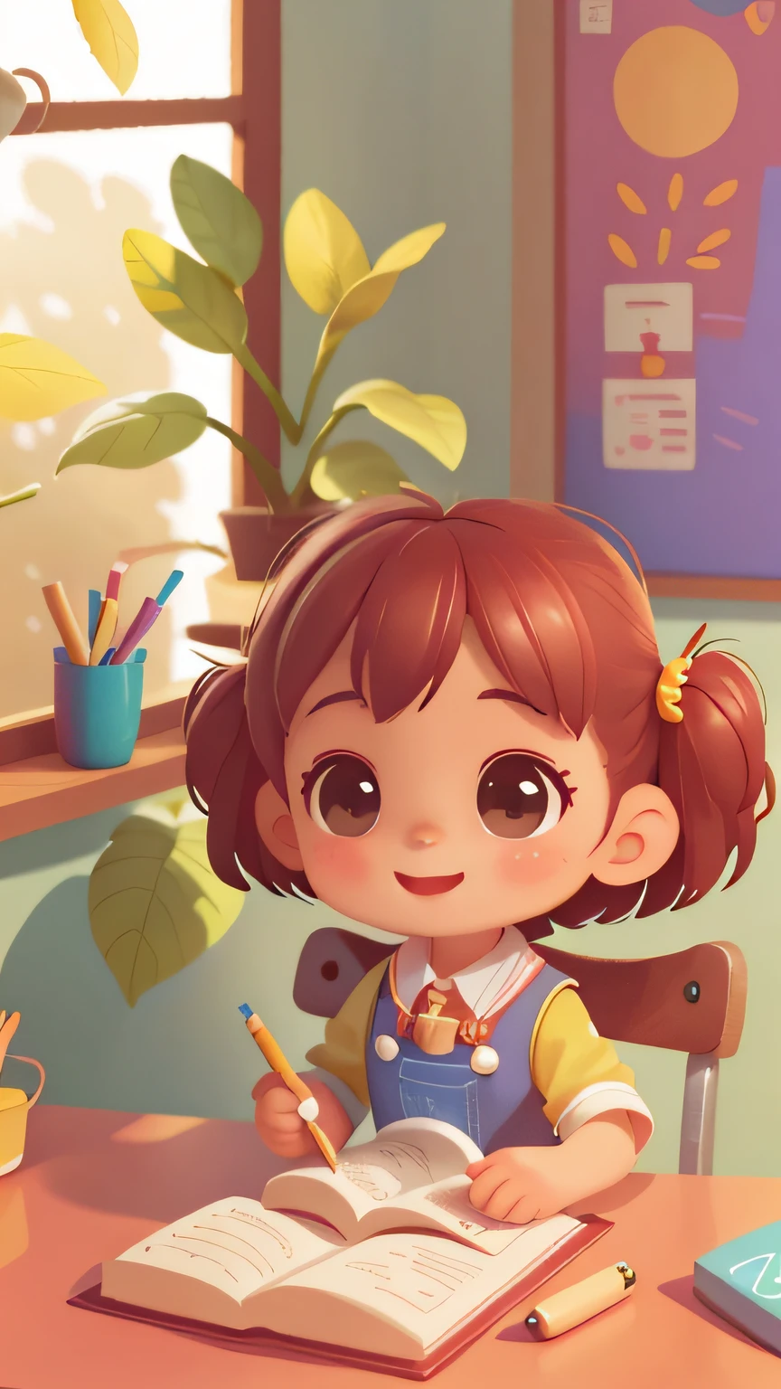 Study room,Girl sitting at desk writing,Opens mouth and laughs,Blind box style,um dia ensolarado, (tmasterpiece: 1.2) (realisticlying: 1.2) (Bokeh) (best qualityer) (Detailed skins: 1.3) (8K) (eye detailed) (foco nítido), (cheerfulness), 3D, with fair skin
