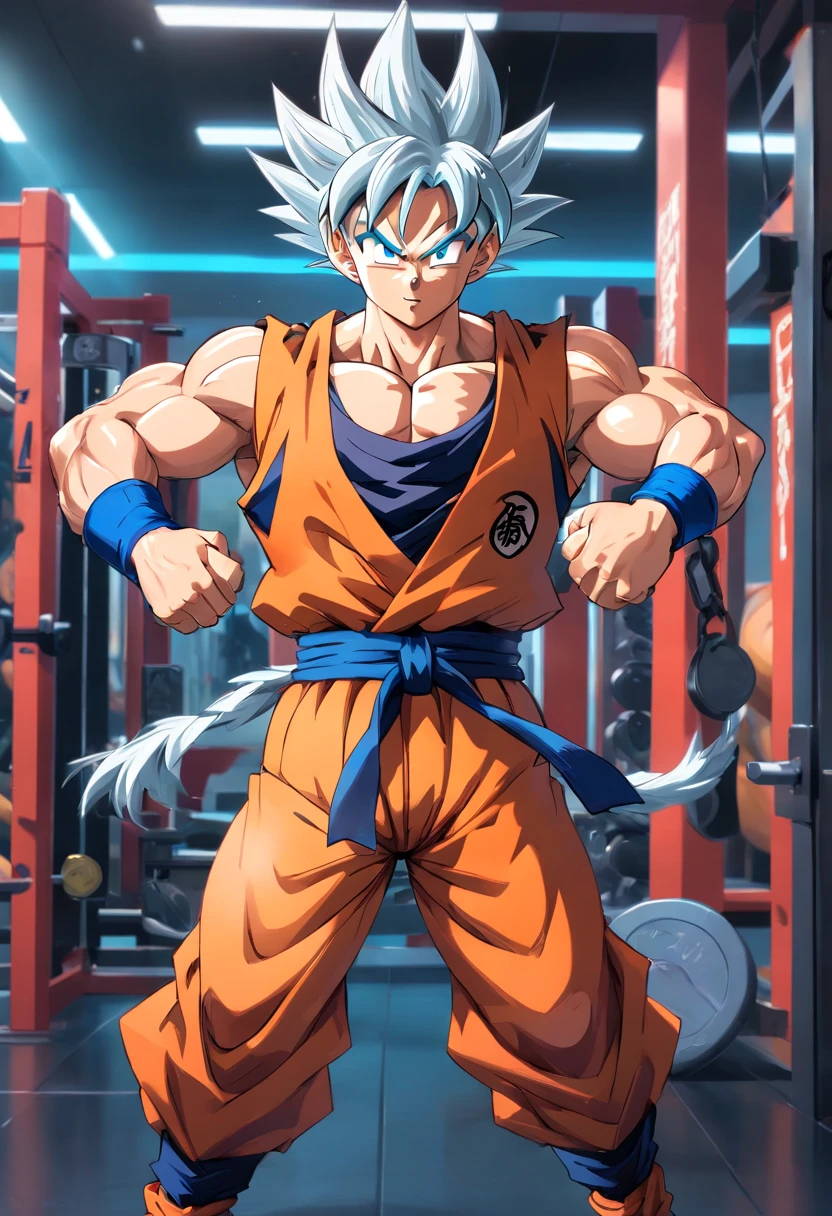 (highres,masterpiece:1.2),goku training at a bodybuilding gym,strong muscular man,impressive muscular physique,strong arms and legs,heavyweights,exhaustive workout routine,intense sweat and determination,steely focus,goku's iconic spiky hair,goku's fierce expression,athletic energy,goku's orange and blue gi,well-defined muscles,rippling biceps and toned abs,bulging veins in arms,hardcore gym atmosphere,dumbbells and kettlebells,indoor gym lighting,gritty gym floor,wall-mounted pull-up bar,goku's vibrant aura,powerful aura radiating from goku's body,determined stare,unyielding will,dragon ball super styling,colorful and vibrant artwork,strong and dynamic lighting,blurred motion in the background,isolated gym setting,perfectly sculpted physique,glistening sweat on goku's body,muscle definition in every detail,inspiring motivation and perseverance,Son goku, dragon ball, long white hair, topless, with Japanese oriental tattoos