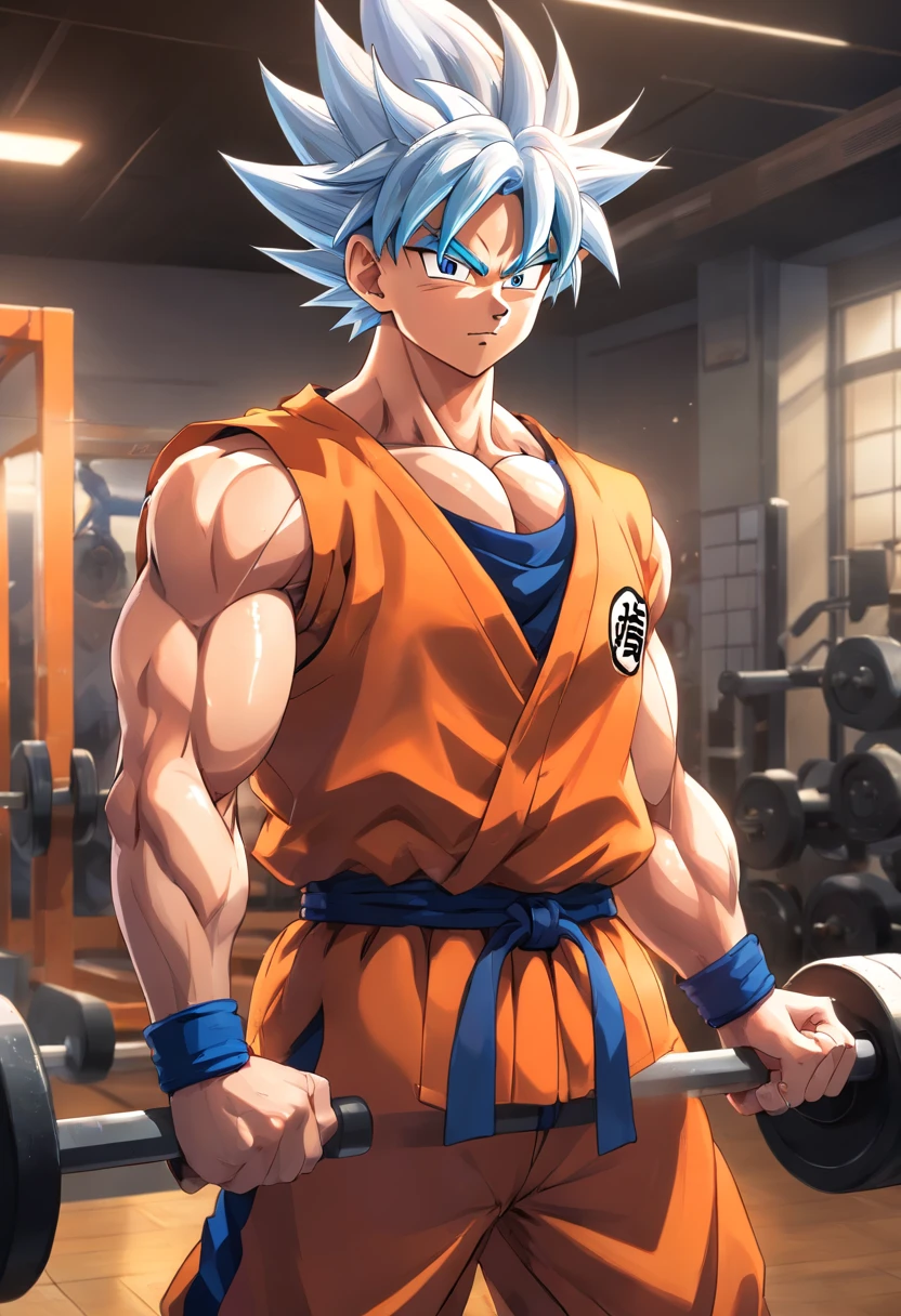 (highres,masterpiece:1.2),goku training at a bodybuilding gym,strong muscular man,impressive muscular physique,strong arms and legs,heavyweights,exhaustive workout routine,intense sweat and determination,steely focus,goku's iconic spiky hair,goku's fierce expression,athletic energy,goku's orange and blue gi,well-defined muscles,rippling biceps and toned abs,bulging veins in arms,hardcore gym atmosphere,dumbbells and kettlebells,indoor gym lighting,gritty gym floor,wall-mounted pull-up bar,goku's vibrant aura,powerful aura radiating from goku's body,determined stare,unyielding will,dragon ball super styling,colorful and vibrant artwork,strong and dynamic lighting,blurred motion in the background,isolated gym setting,perfectly sculpted physique,glistening sweat on goku's body,muscle definition in every detail,inspiring motivation and perseverance,Son goku, dragon ball, long white hair, topless, with Japanese oriental tattoos