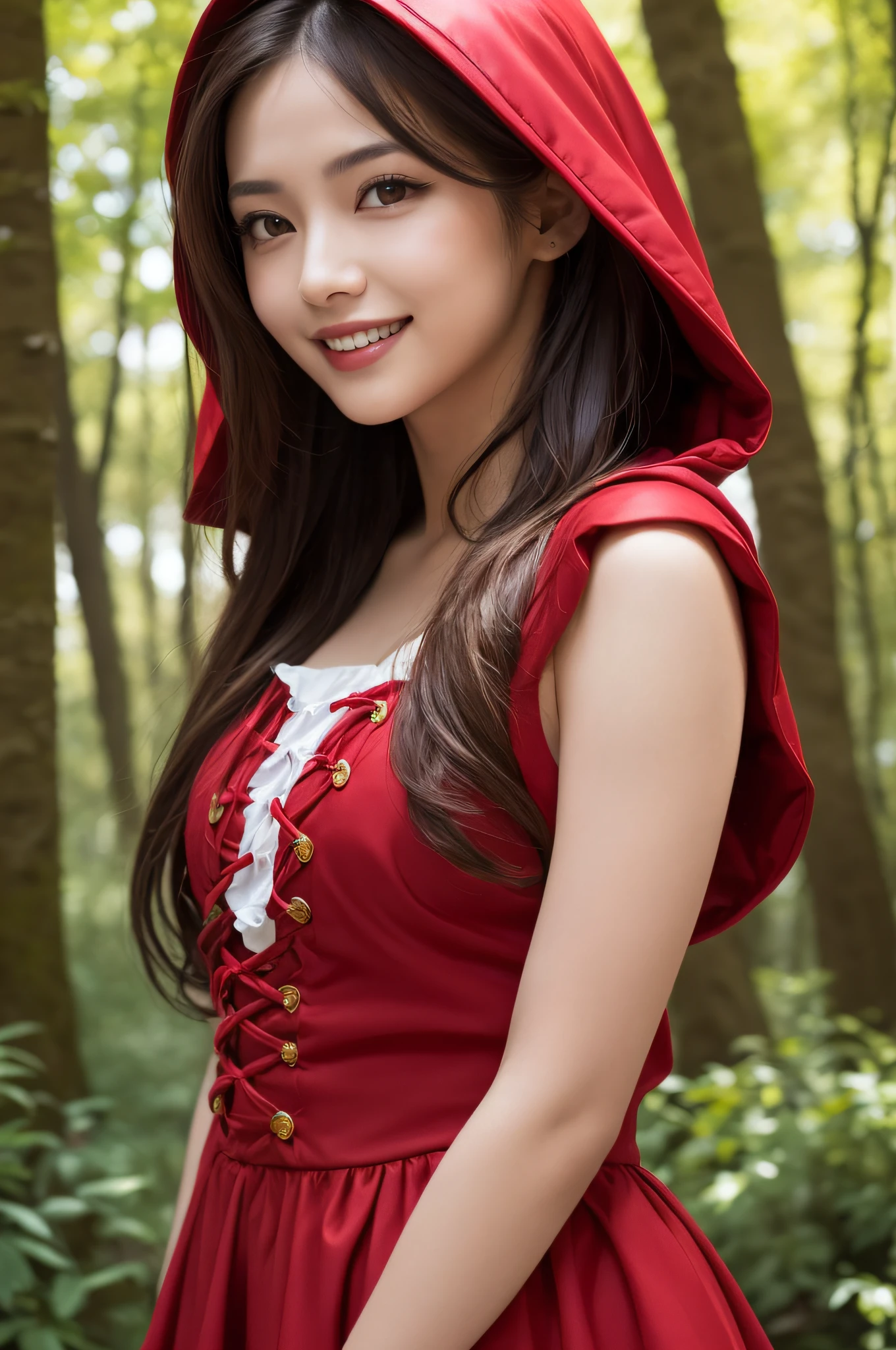 (raw shooting:1.3)、(photo realistic:1.3)、(masterpiece:1.3)、(best quality:1.3)、ultra detailed、High resolution、(depth of fields)、(Detailed eye)、(detailed facial features)、(Detailed fingers)、(detailed clothes features)、HDR、8K、skin tightening、(shinny skin)、landscapes、majestic、(upper body:1.3)、(dynamic composition)、1 woman、Japanese、28 years old、(Little Red Riding Hood costume:1.3)、(dark brown hair)、(long hair)、hair blowing in wind、Looking away、(Happy smile)、Shine with colored light、(Forest with morning sunlight streaming through. Capture the serene beauty of sunlight illuminating the peaceful woods. )、